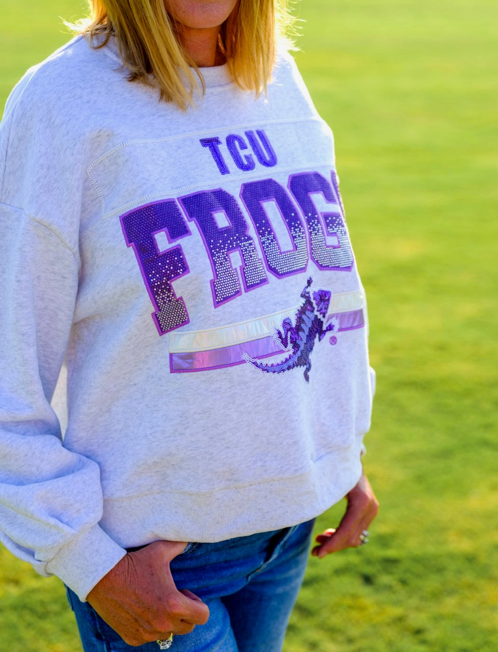 Queen of Sparkles Licensed-Grey 'Texas Christian Frogs' Vintage Sweatshirt
