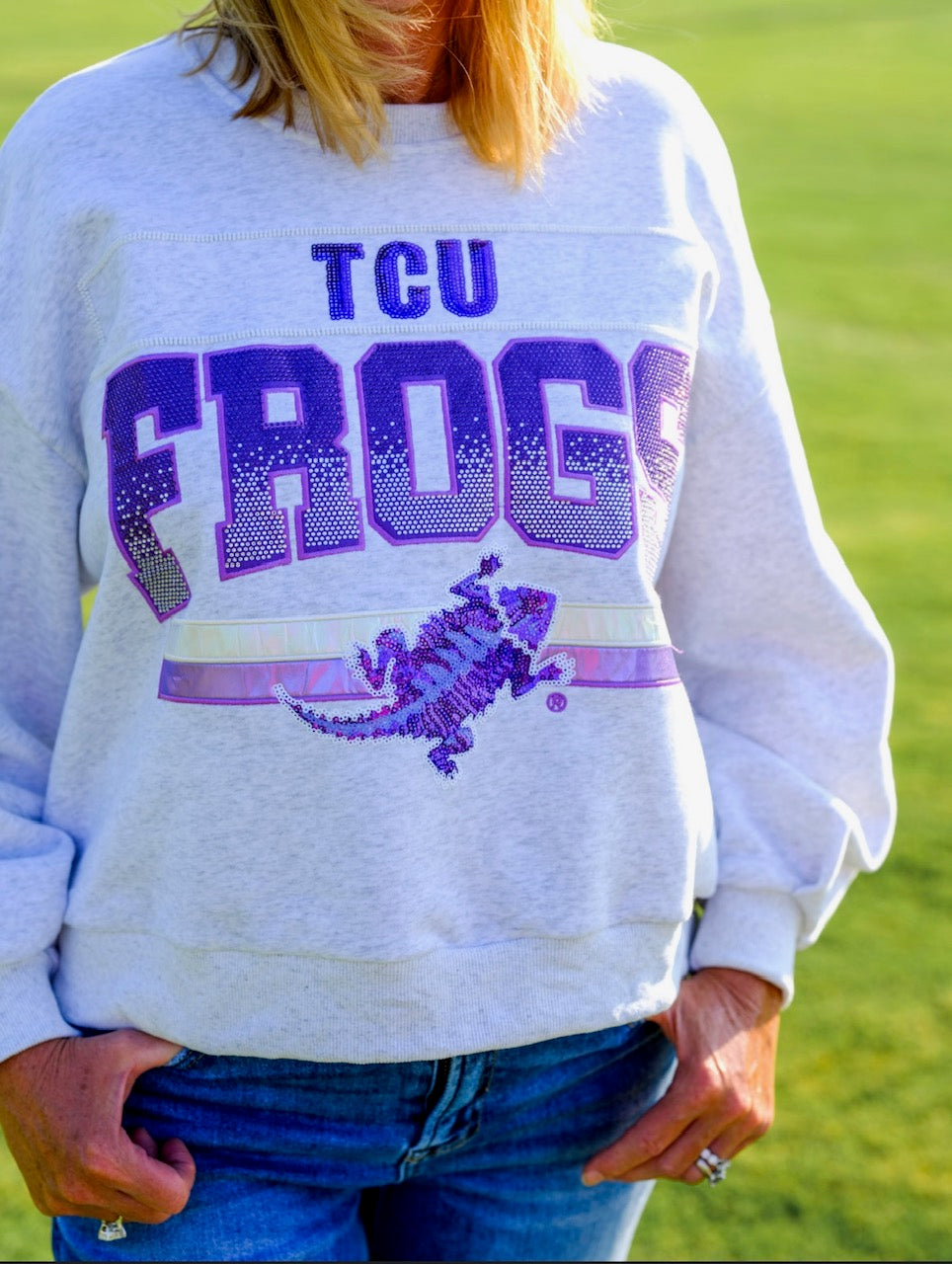 Queen of Sparkles Licensed-Grey 'Texas Christian Frogs' Vintage Sweatshirt