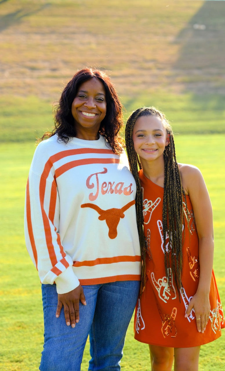 Queen of Sparkles Licensed Burnt Orange & White Texas Longhorn Striped Long Sleeve Sweater