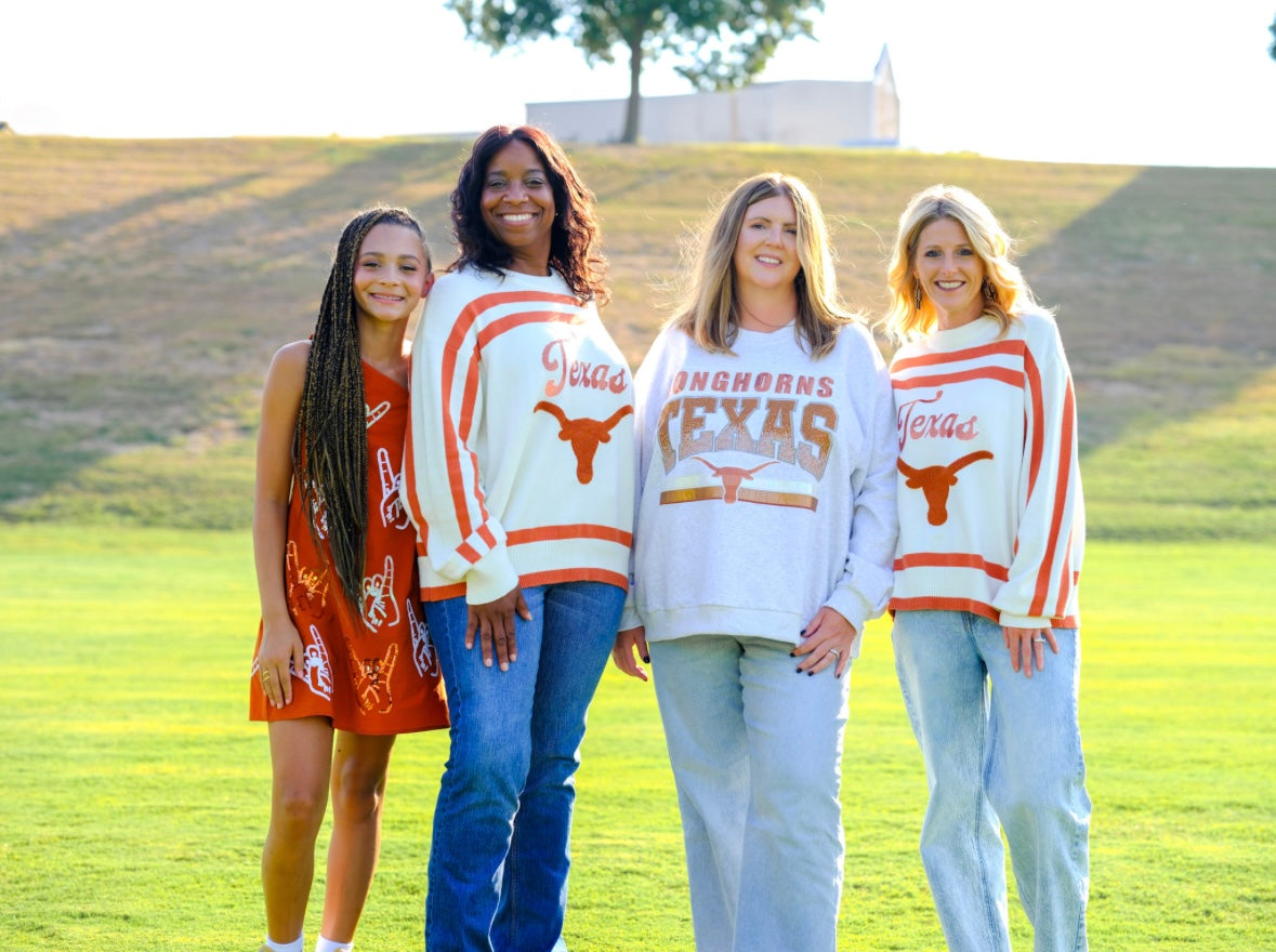 Queen of Sparkles Licensed Burnt Orange & White Texas Longhorn  Striped Long Sleeve Sweater