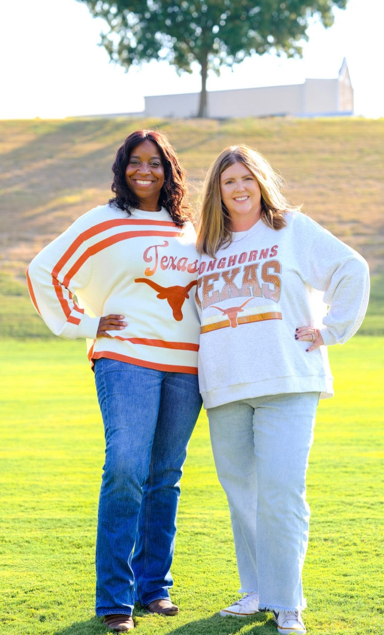 Queen of Sparkles Licensed Burnt Orange & White Texas Longhorn  Striped Long Sleeve Sweater