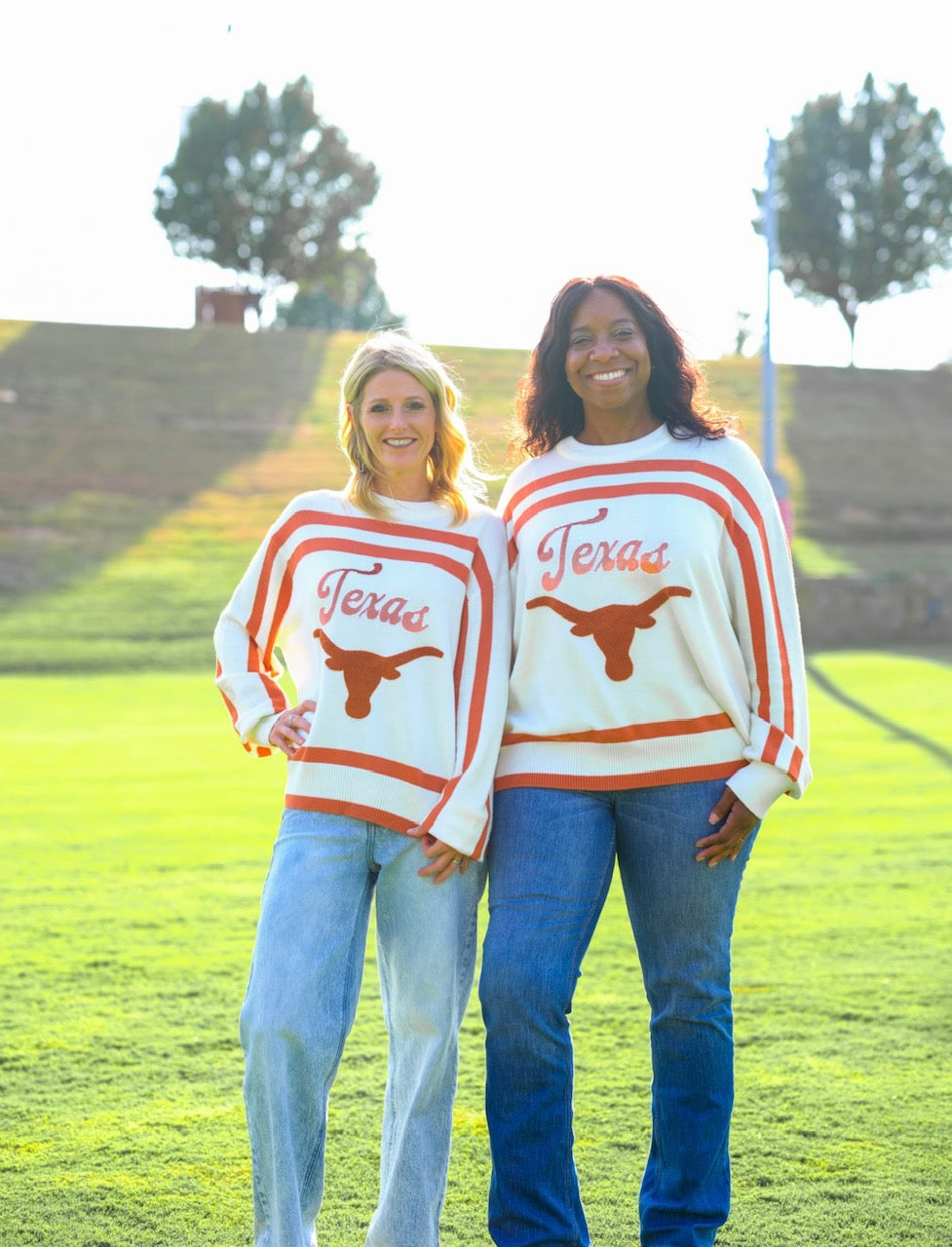 Queen of Sparkles Licensed Burnt Orange & White Texas Longhorn  Striped Long Sleeve Sweater