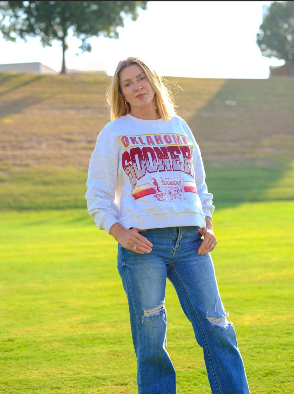 Queen of Sparkles Licensed-Grey 'Sooners' Vintage Sweatshirt