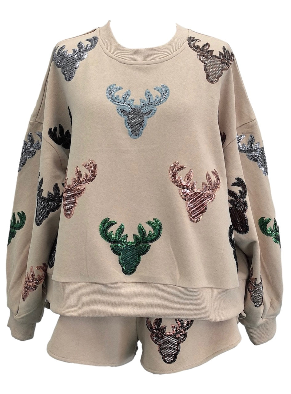 Queen of Sparkles Beige Deer Head Sweatshirt