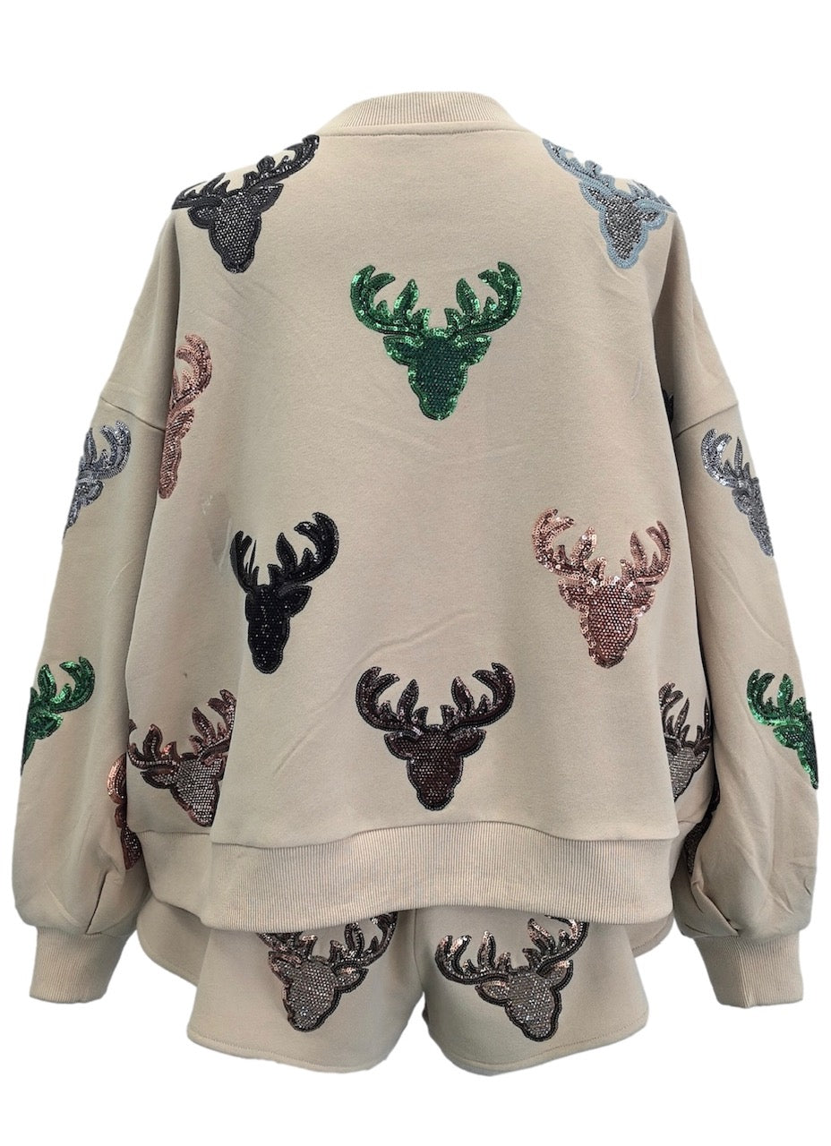 Queen of Sparkles Beige Deer Head Sweatshirt