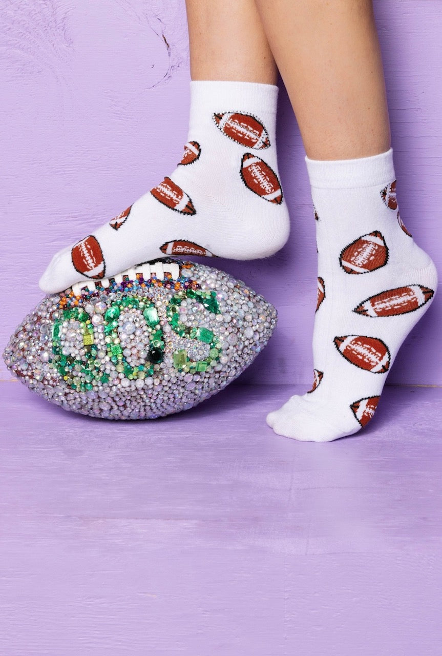 Queen of Sparkles White Football Rhinestone Socks