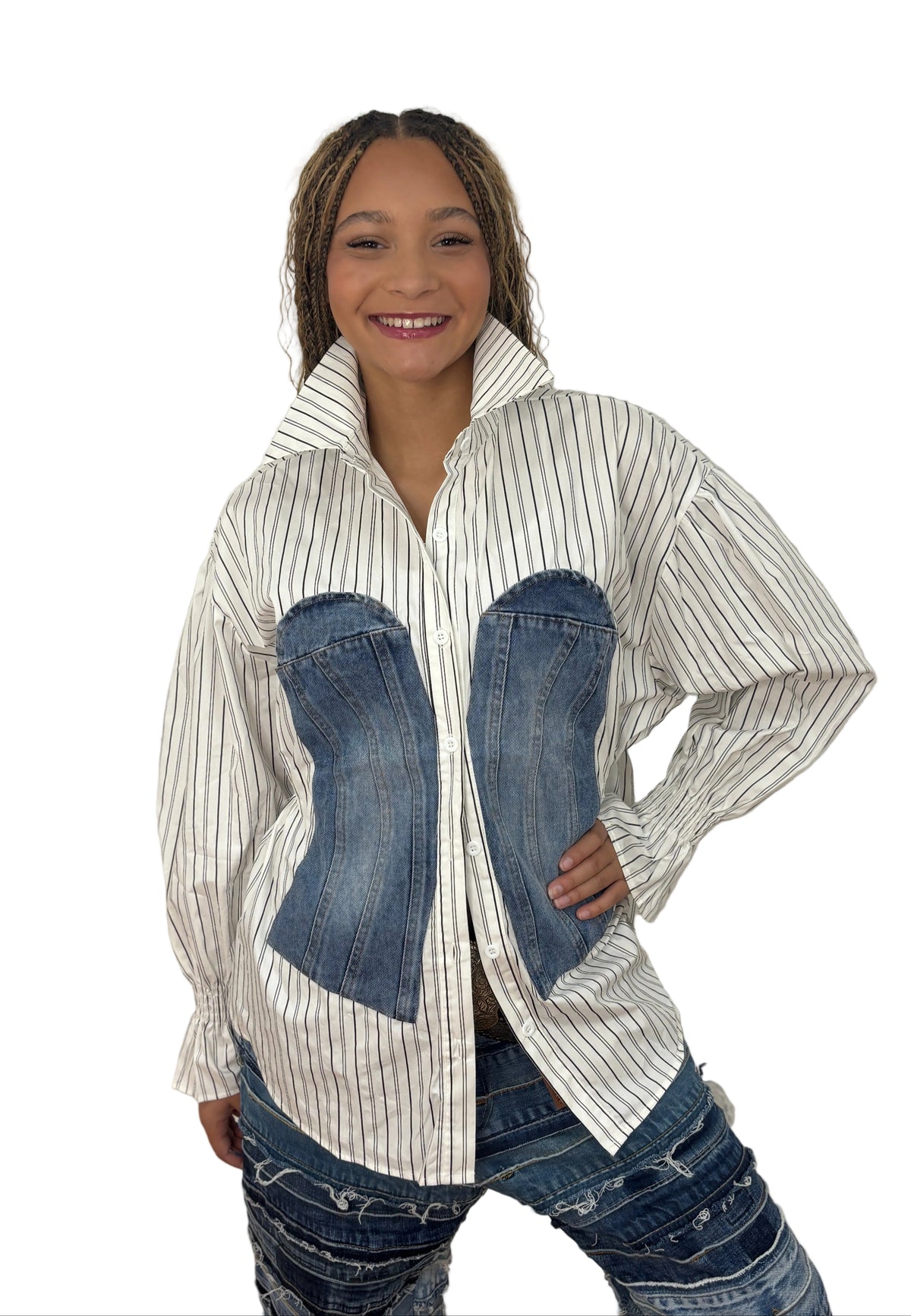 Pinstripe and Denim Blouse