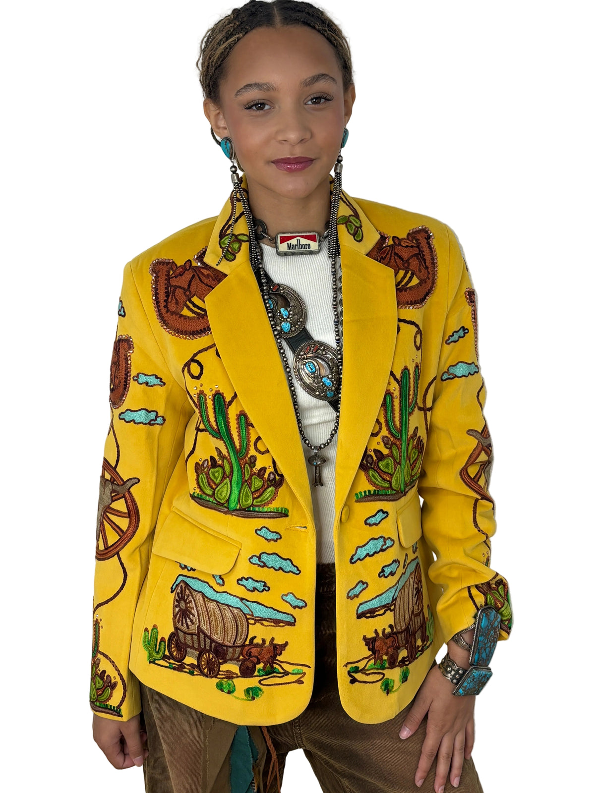 Western Embroidered Blazer with Rhinestones - Yellow
