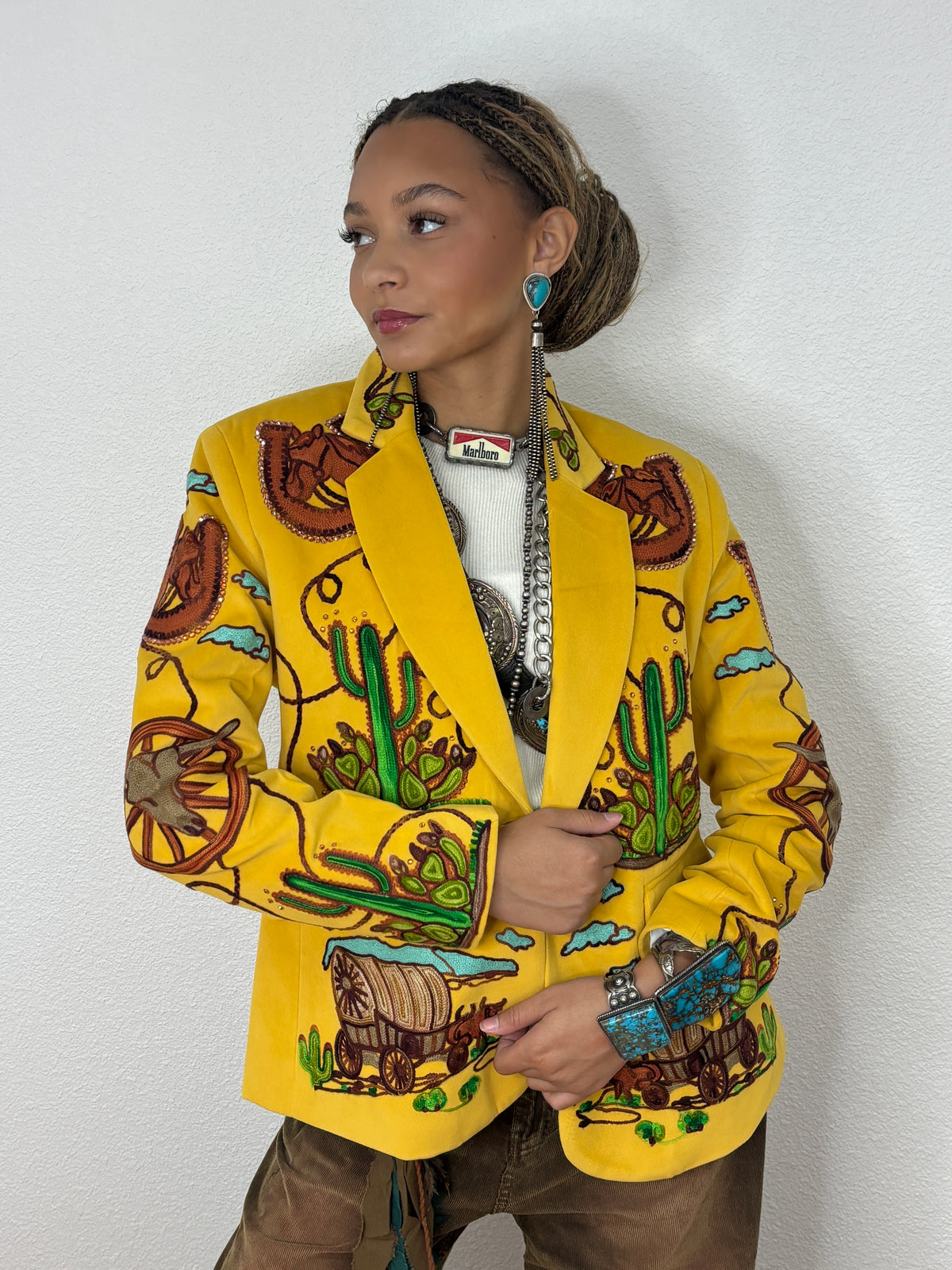 Western Embroidered Blazer with Rhinestones - Yellow