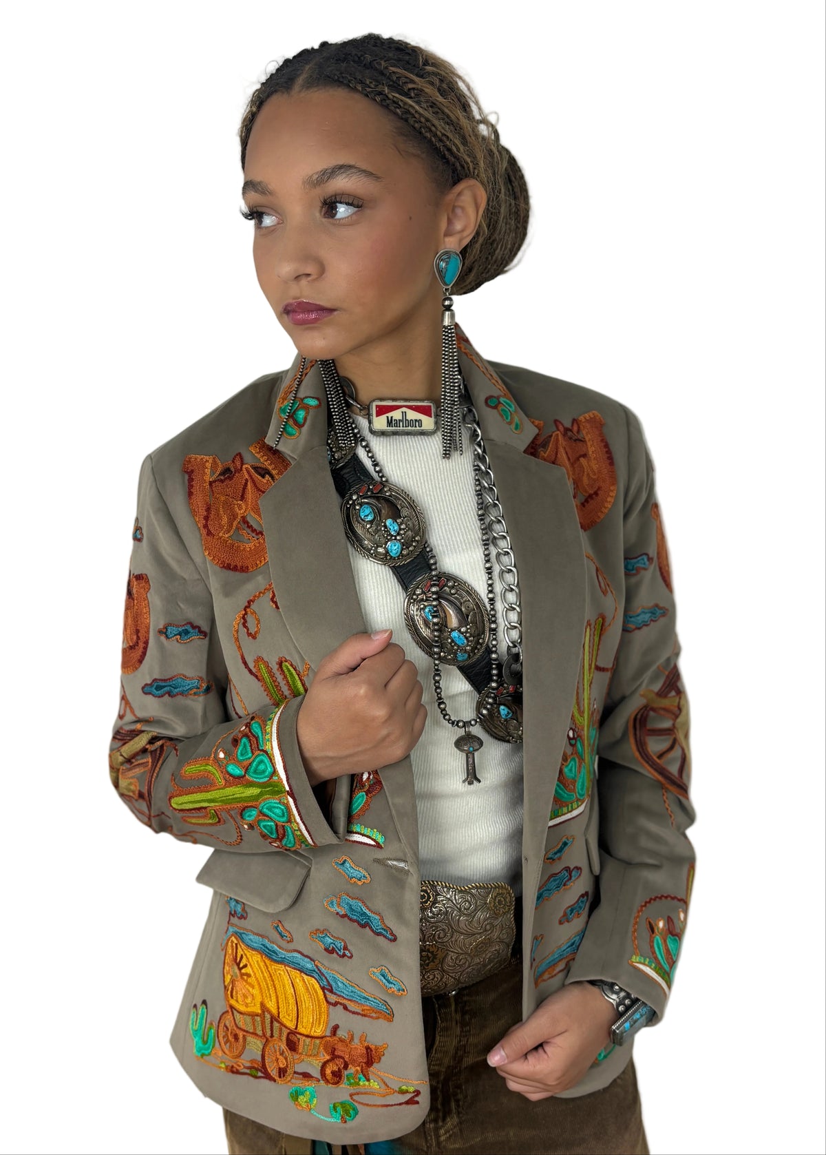 Western Embroidered Blazer with Rhinestones - Taupe