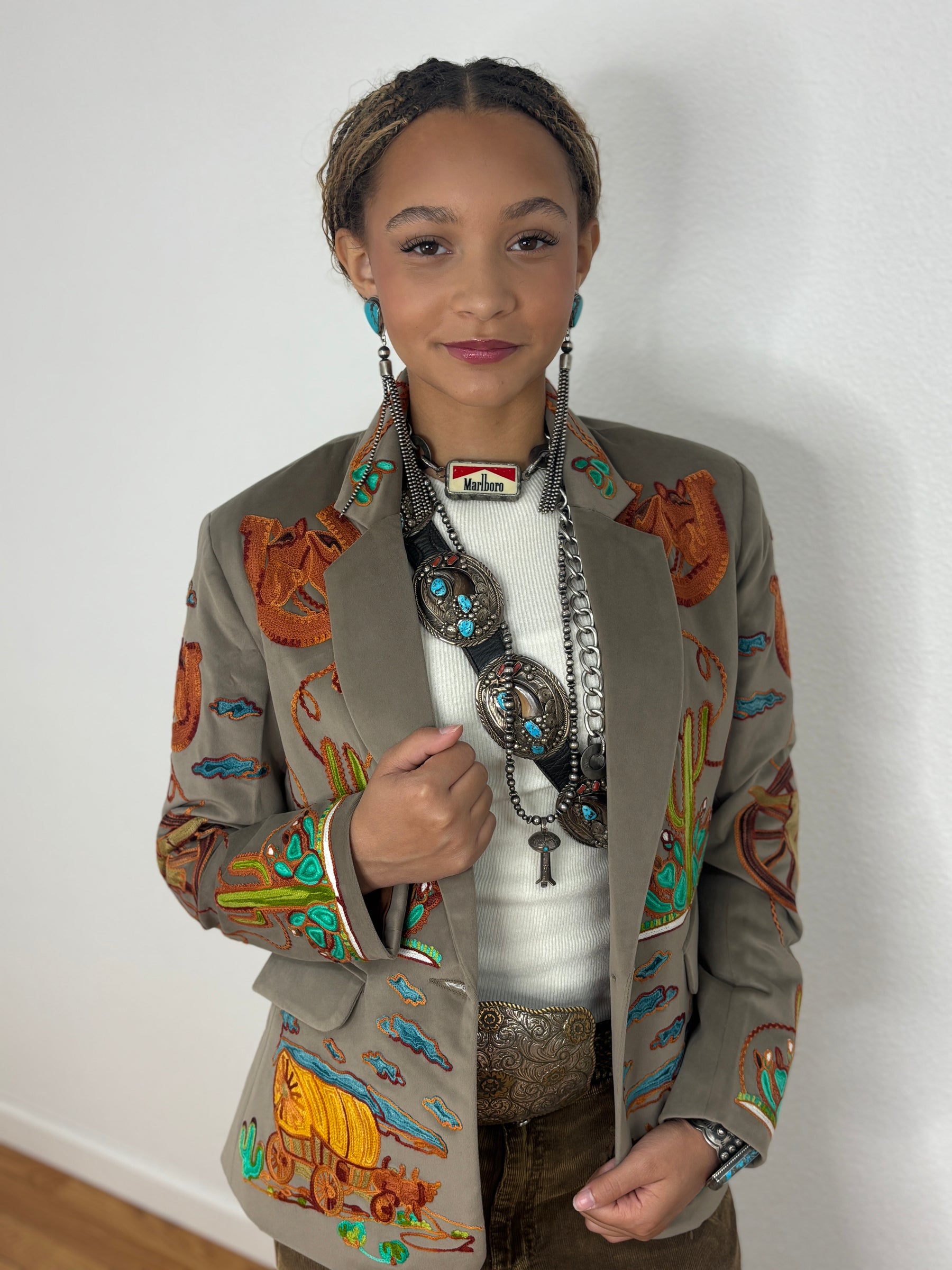 Western Embroidered Blazer with Rhinestones - Taupe