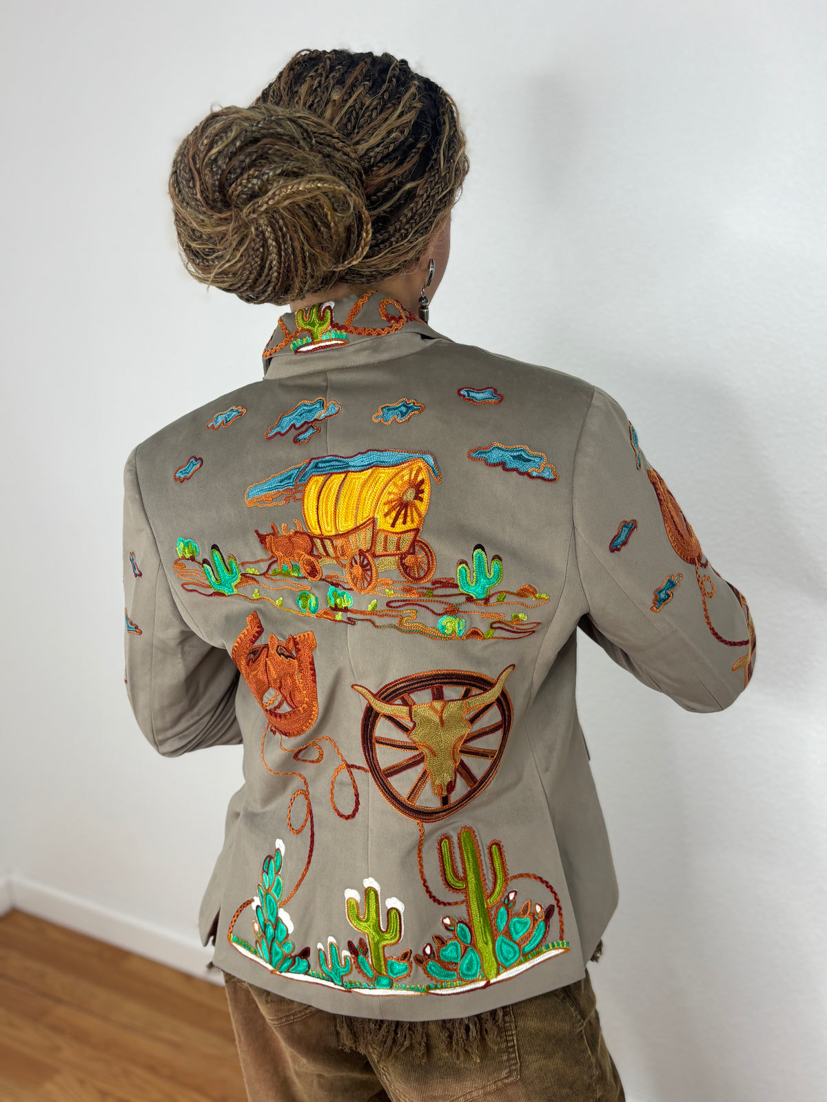 Western Embroidered Blazer with Rhinestones - Taupe