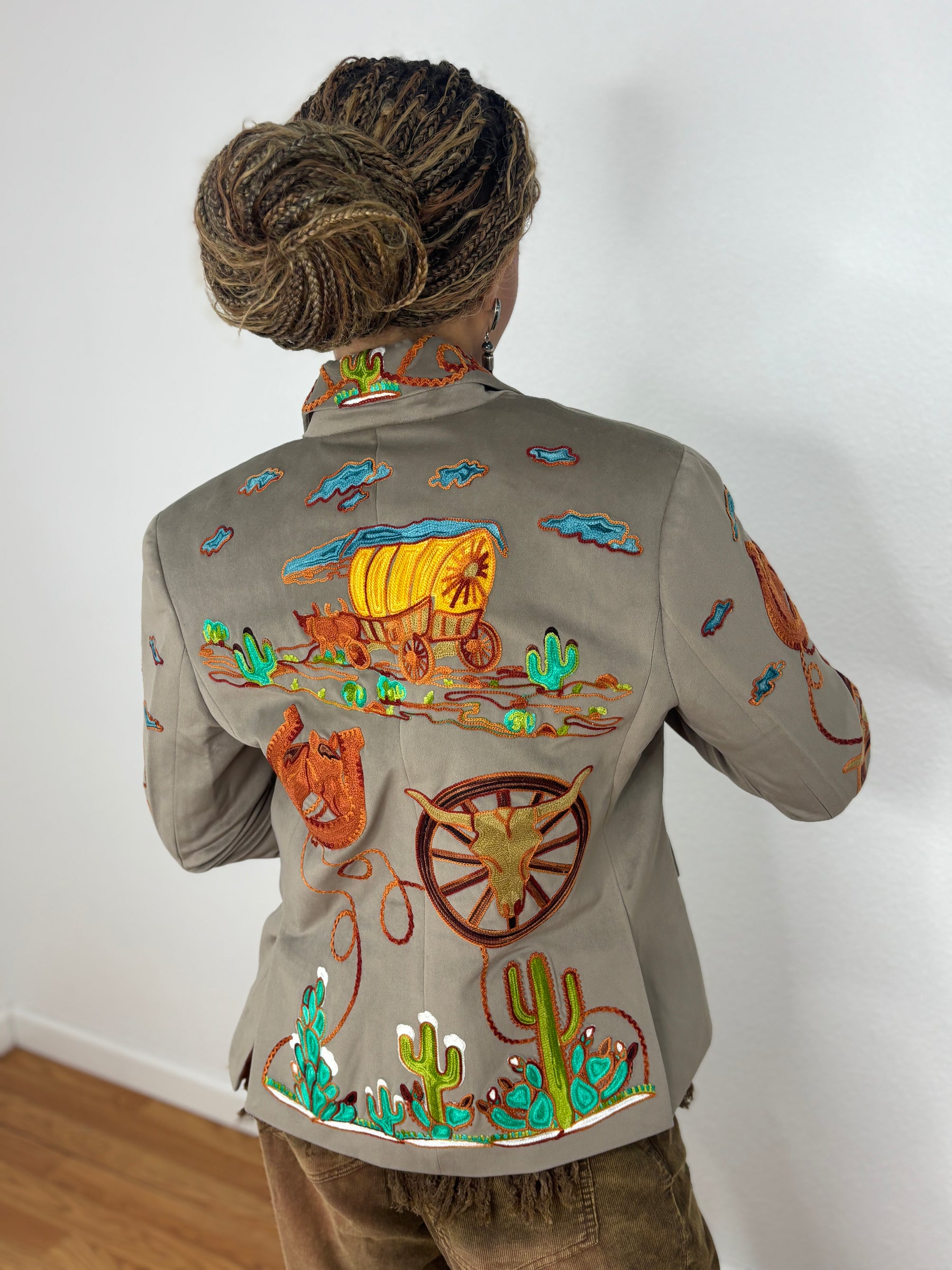 Western Embroidered Blazer with Rhinestones - Taupe