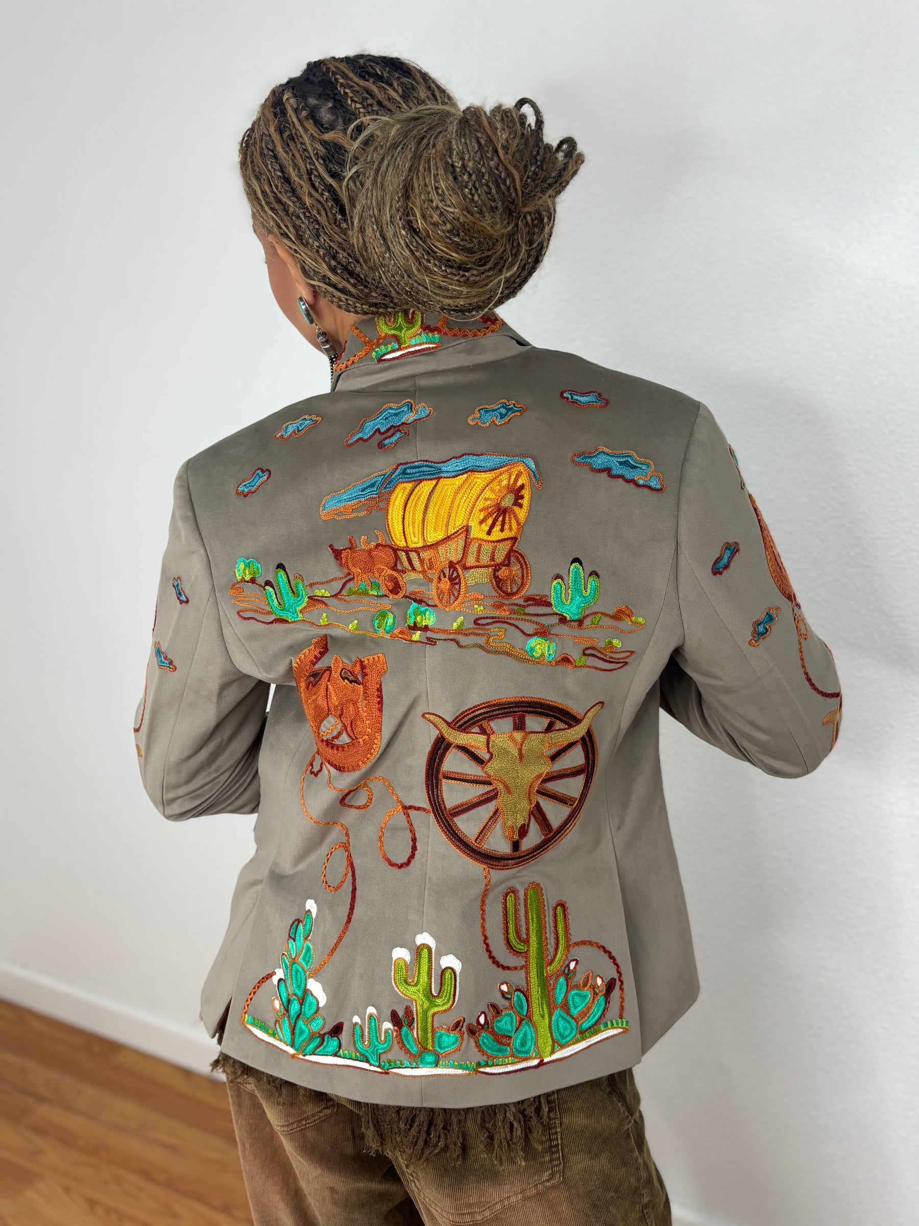 Western Embroidered Blazer with Rhinestones - Taupe