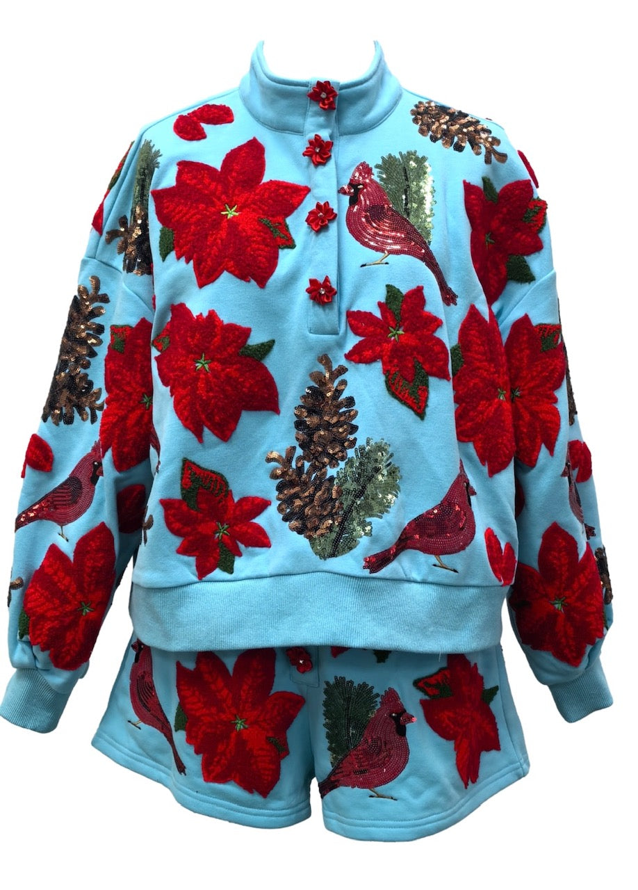 Queen of Sparkles Aqua Poinsettia, Cardinal & Pine Cone Henley Shorts