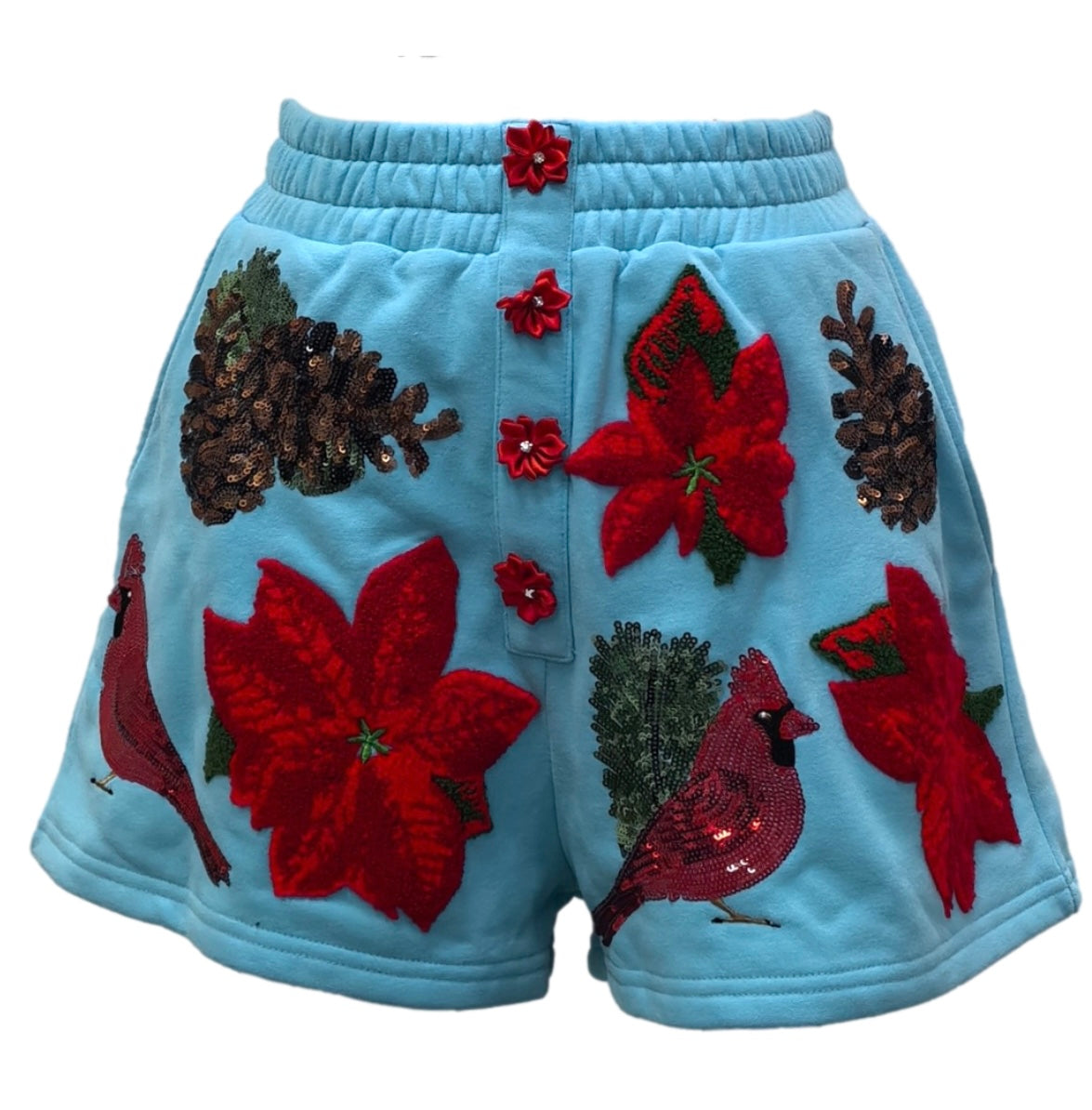 Queen of Sparkles Aqua Poinsettia, Cardinal & Pine Cone Henley Shorts