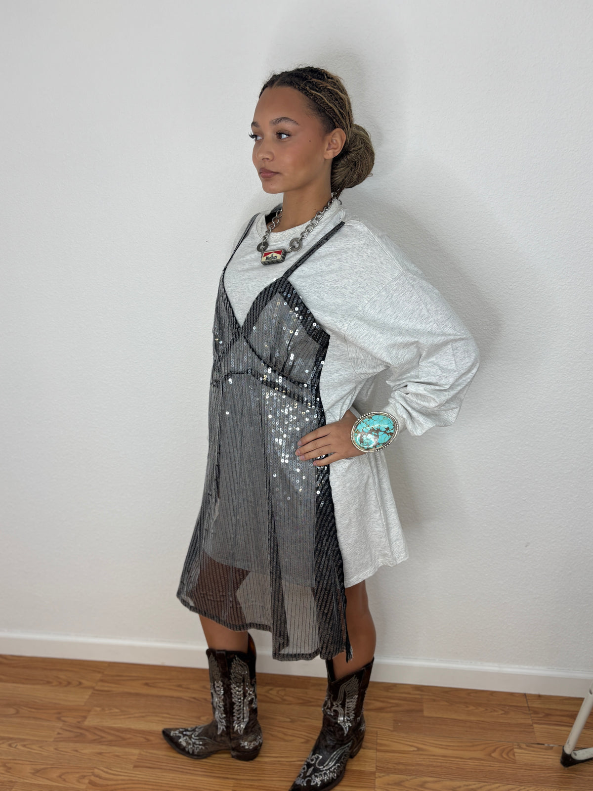 Dress with Sequin Slip Overlay