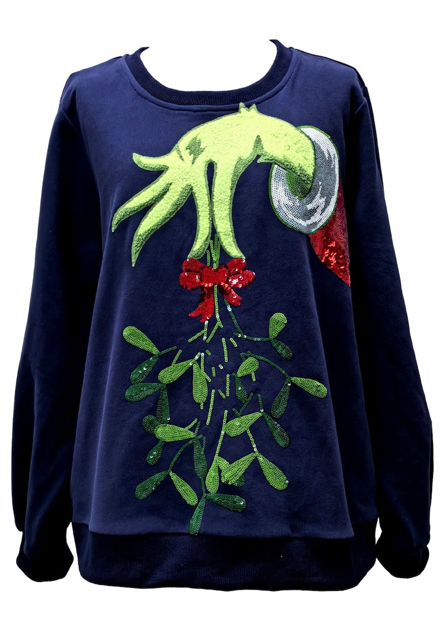 Queen of Sparkles Navy Grinch Mistletoe Toe Hand Sweatshirt