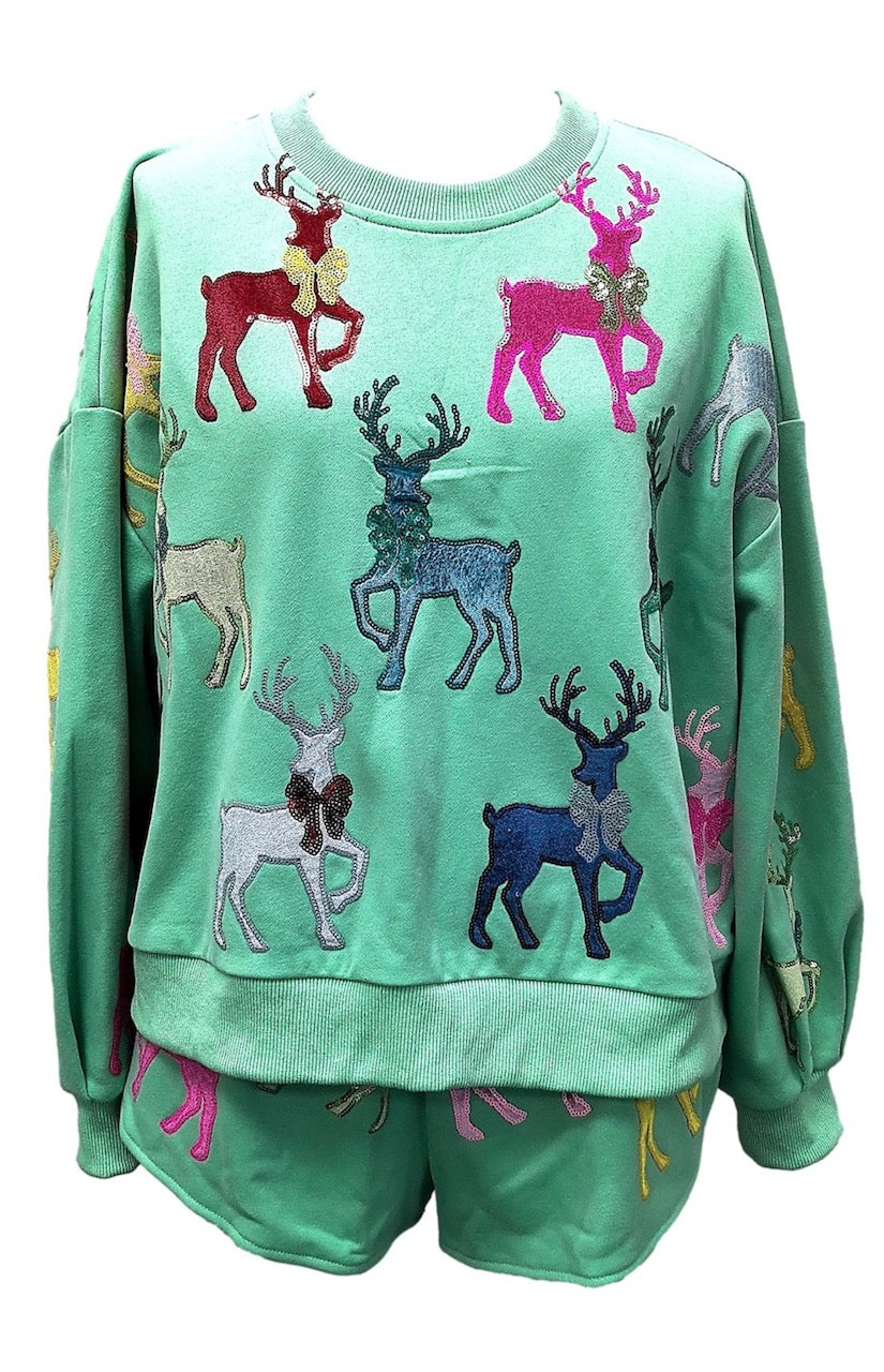 Queen of Sparkles Mint Green Sweatshirt with velvet Reindeers & Bows