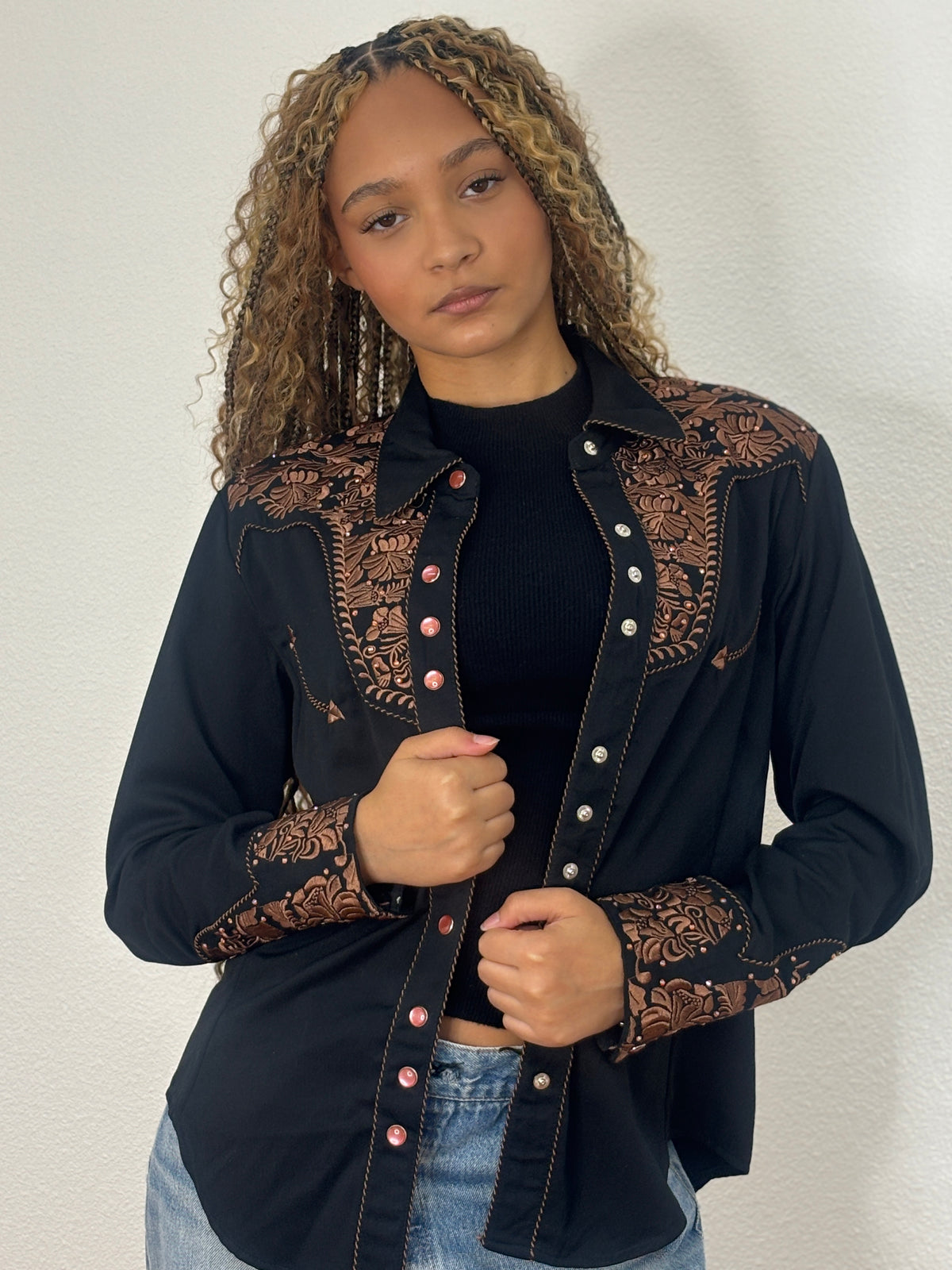 Scully Embroidered  Rhinestone Western Shirt - Black