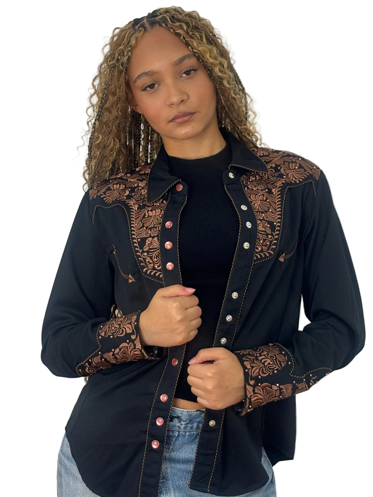 Scully Embroidered  Rhinestone Western Shirt - Black