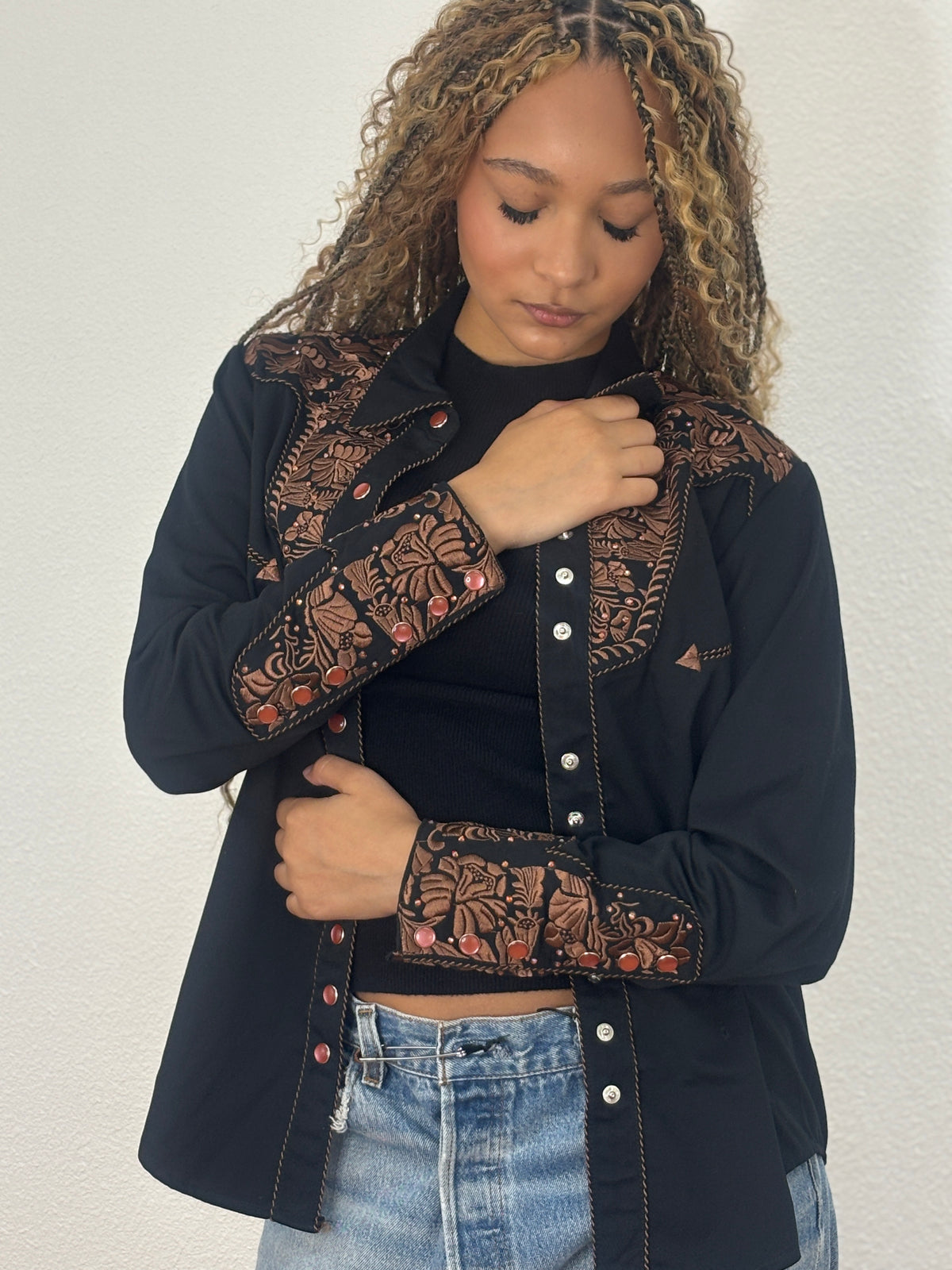 Scully Embroidered  Rhinestone Western Shirt - Black