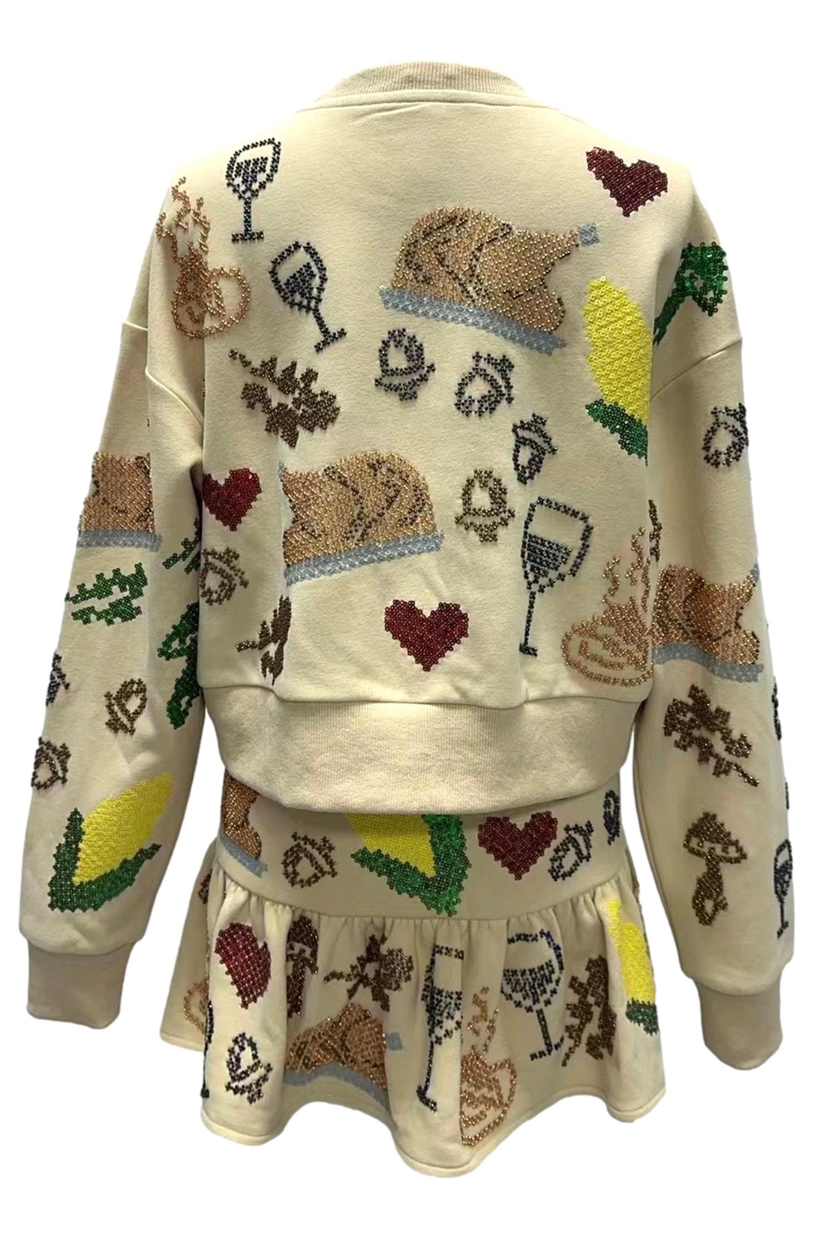 Queen of Sparkles Tan Scattered Needlepoint Turkey Dinner Cropped Sweatshirt