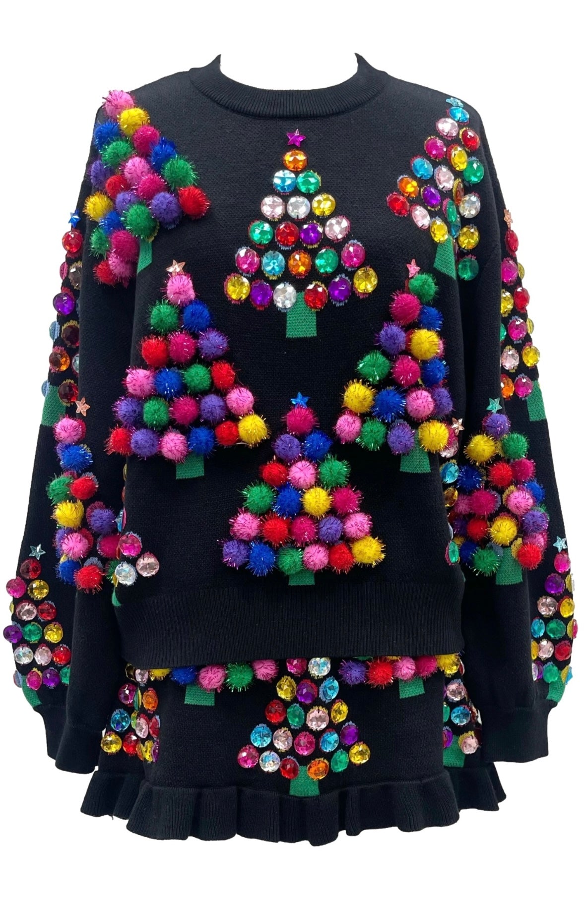 Queen of Sparkles Multi Pom Pom & Jeweled Christmas Trees Sweater