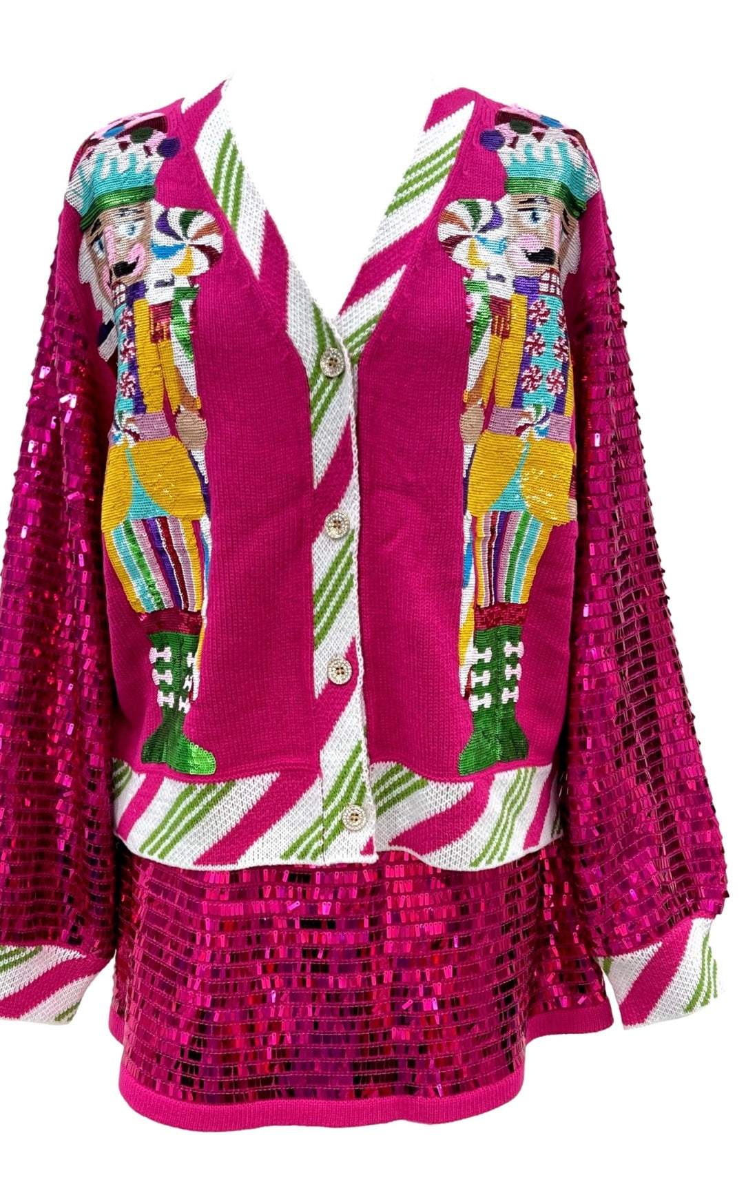 Queen of Hot Pink Peppermint Nutcracker Shard Sequin Sleeve Cardigan