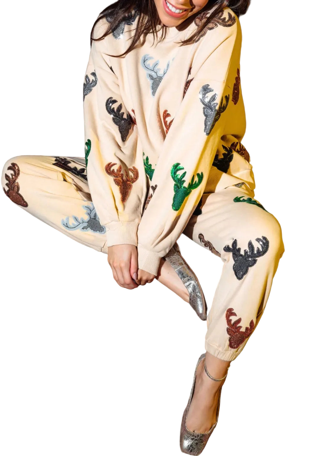 Queen of Sparkles Beige Deer Head Jogger