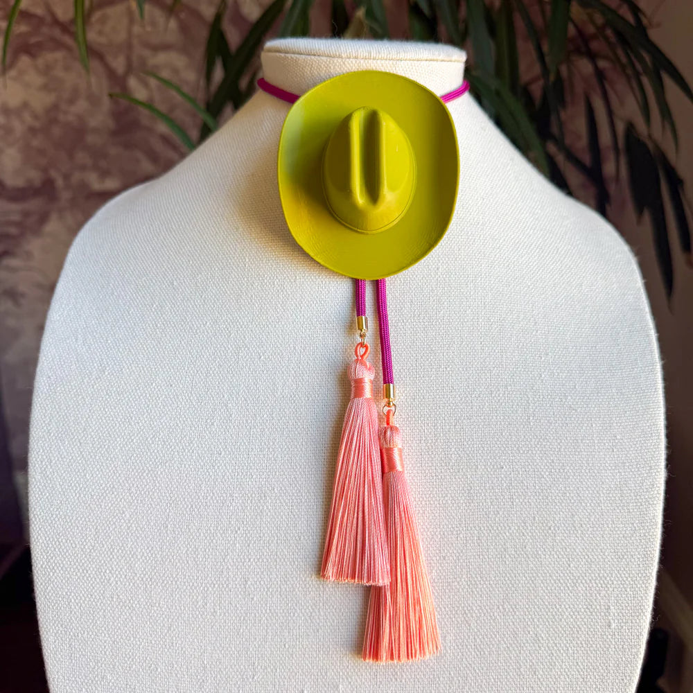 Cowboy Hat Bolo Olive Green with Fushsia and Peach