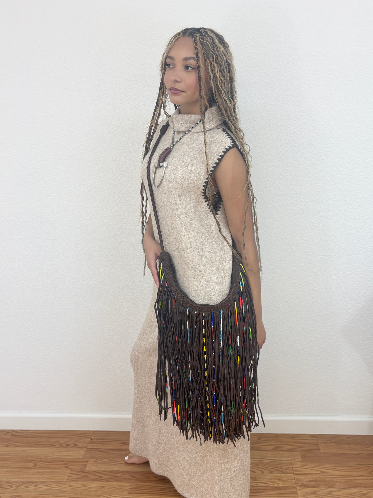 Fringe Leather Beaded Crossbody Purse - Brown