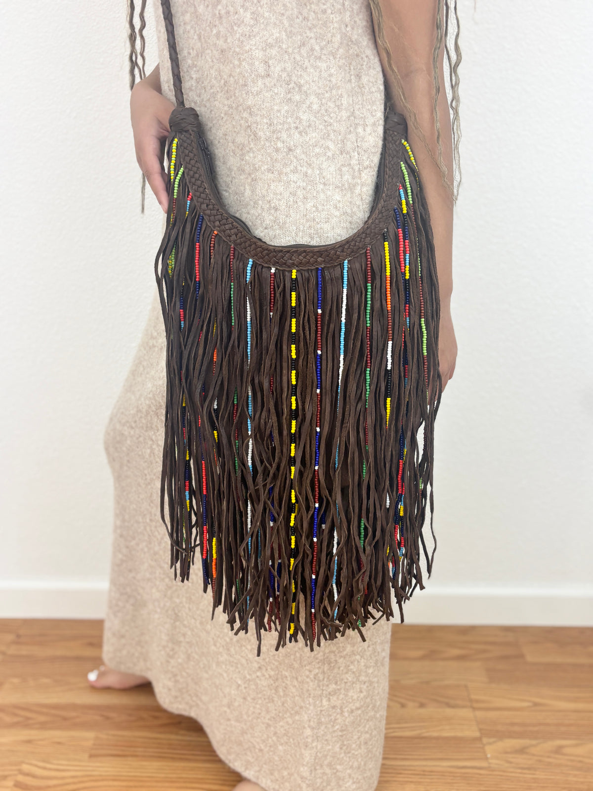 Fringe Leather Beaded Crossbody Purse - Brown