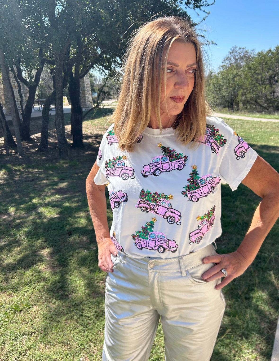 Queen of Sparkles White Truck with Christmas Tree Tee