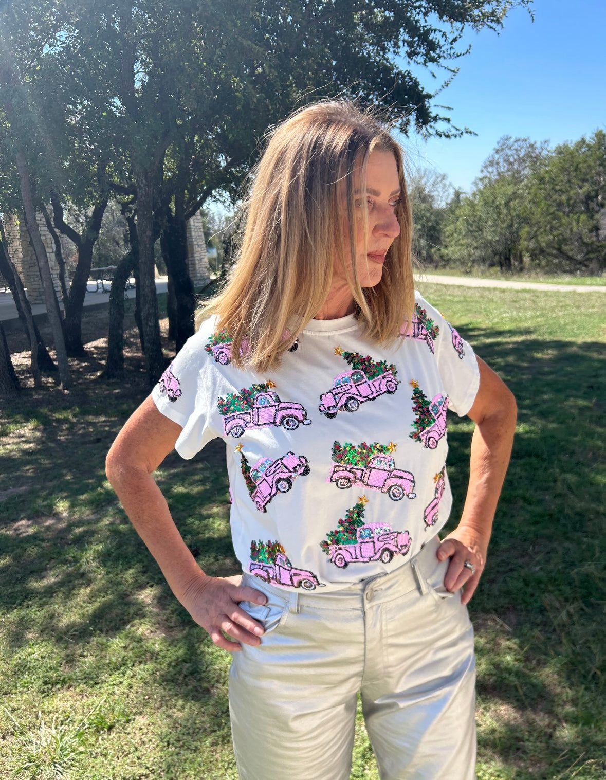 Queen of Sparkles White Truck with Christmas Tree Tee