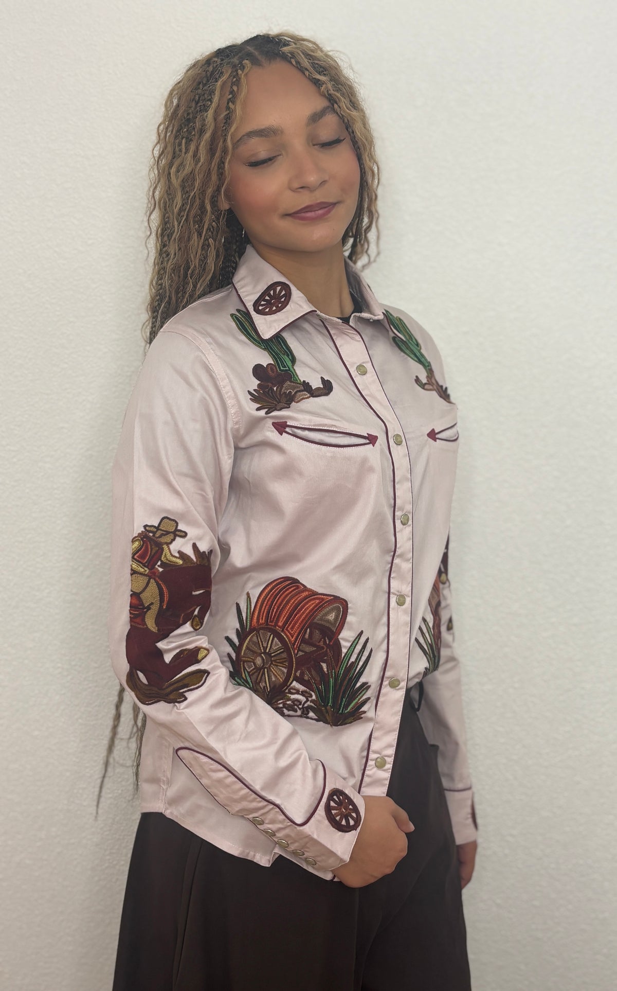 Cotton Western Embroidered Shirt - Dusty Pink