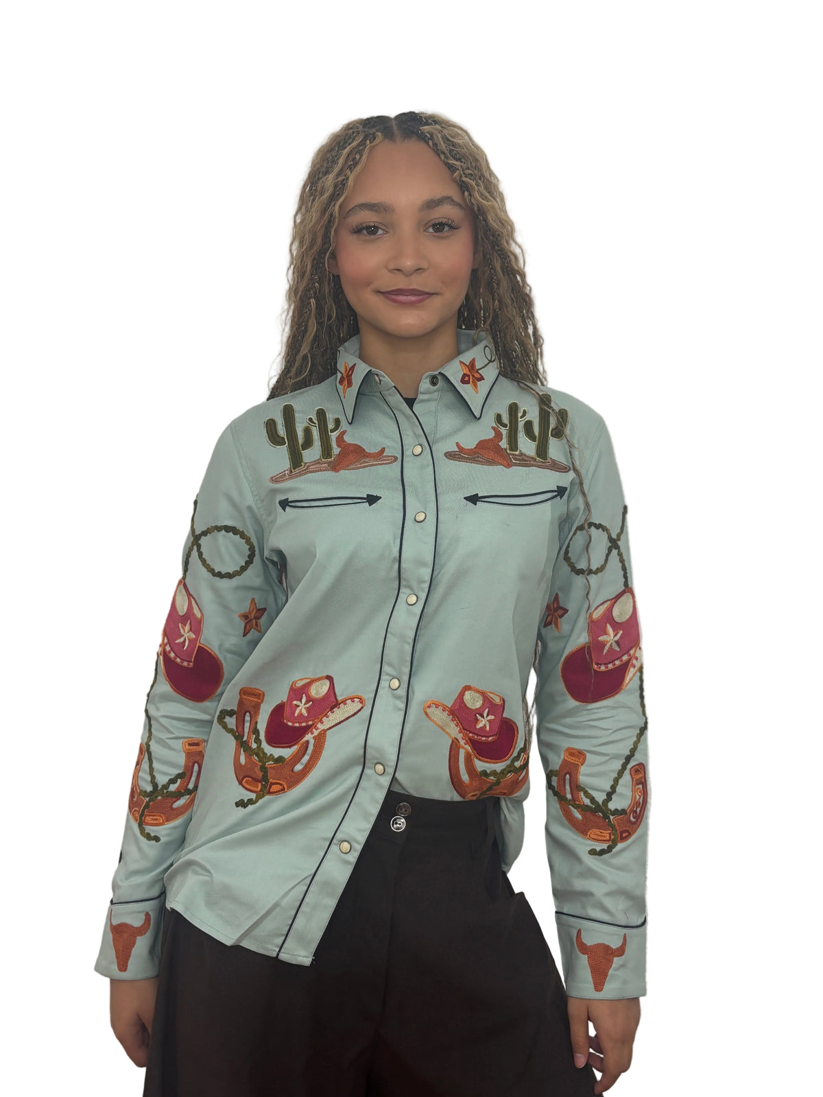 Cotton Western Embroidered Shirt - Sage Green