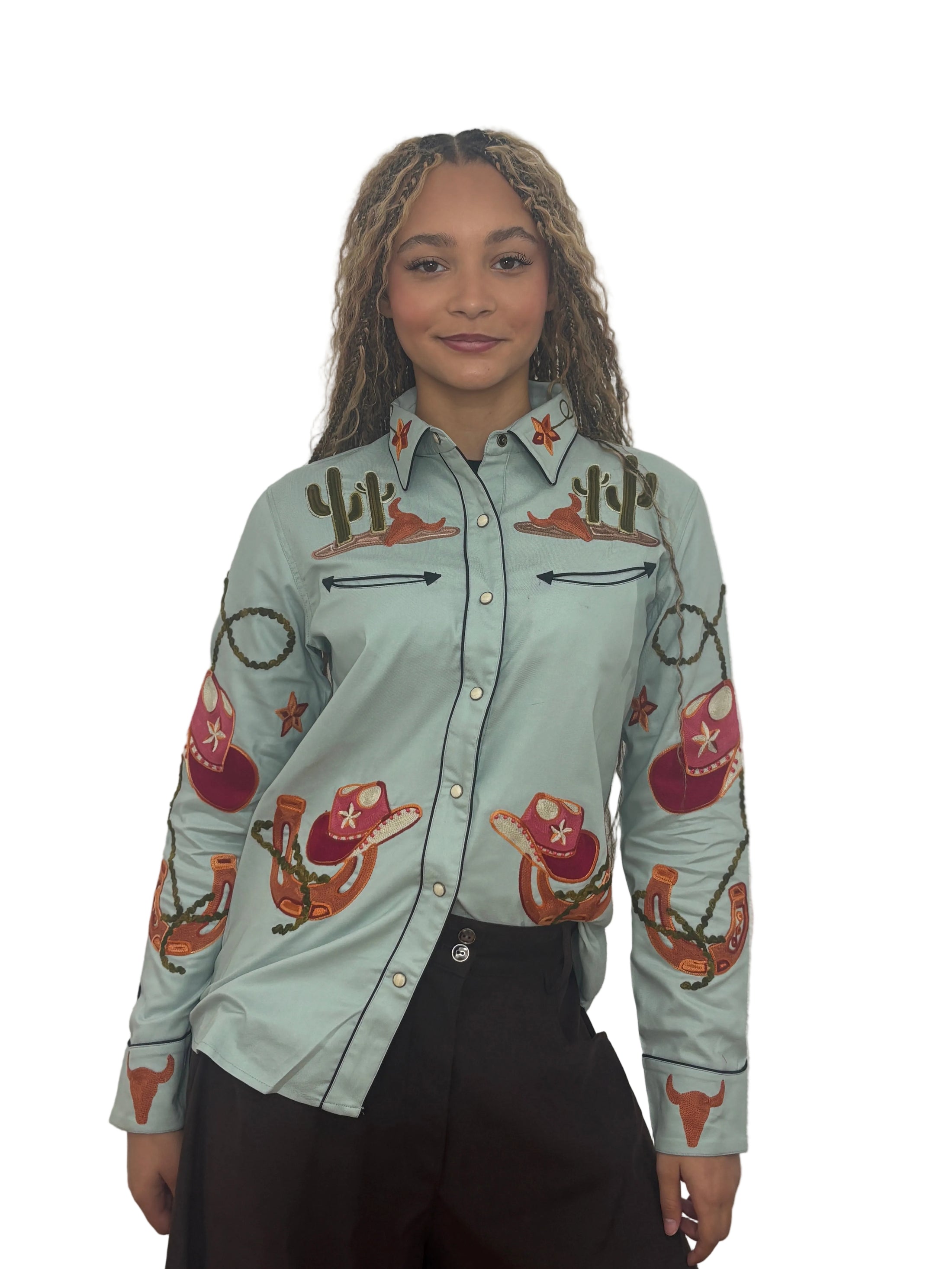 Cotton Western Embroidered Shirt - Sage Green