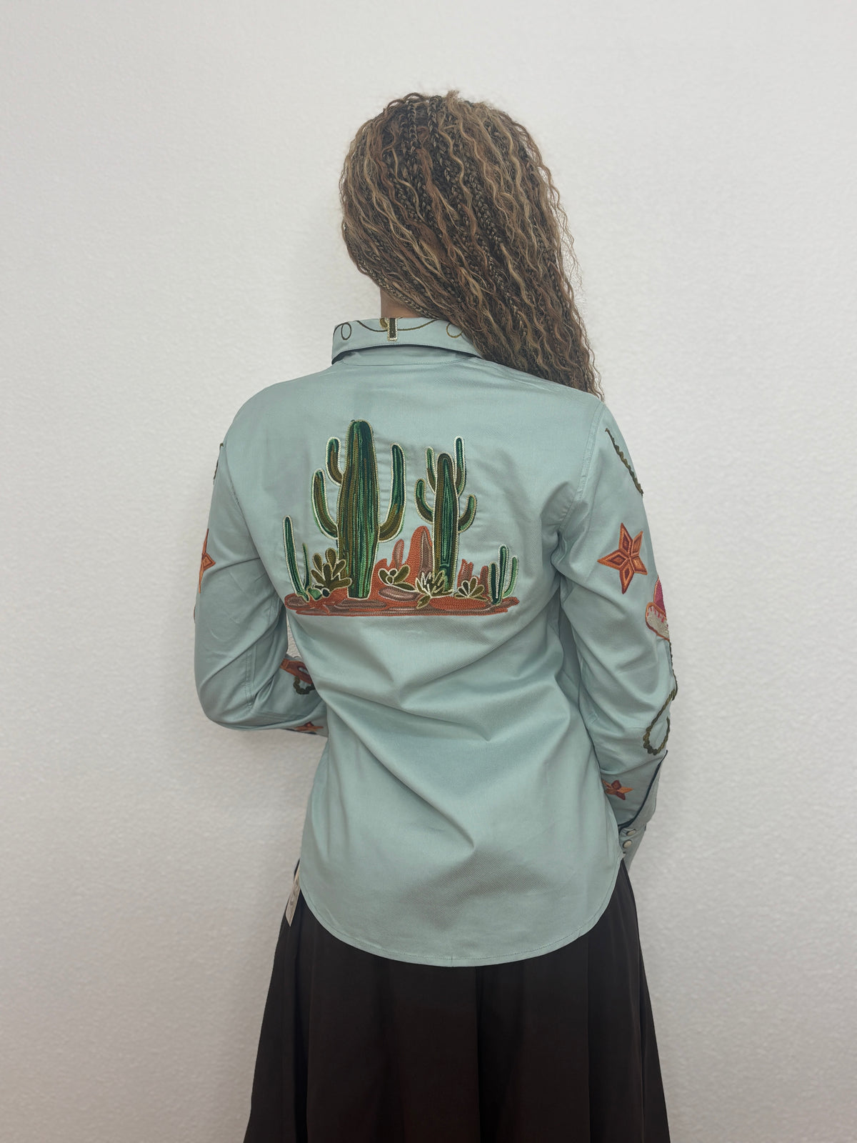 Cotton Western Embroidered Shirt - Sage Green