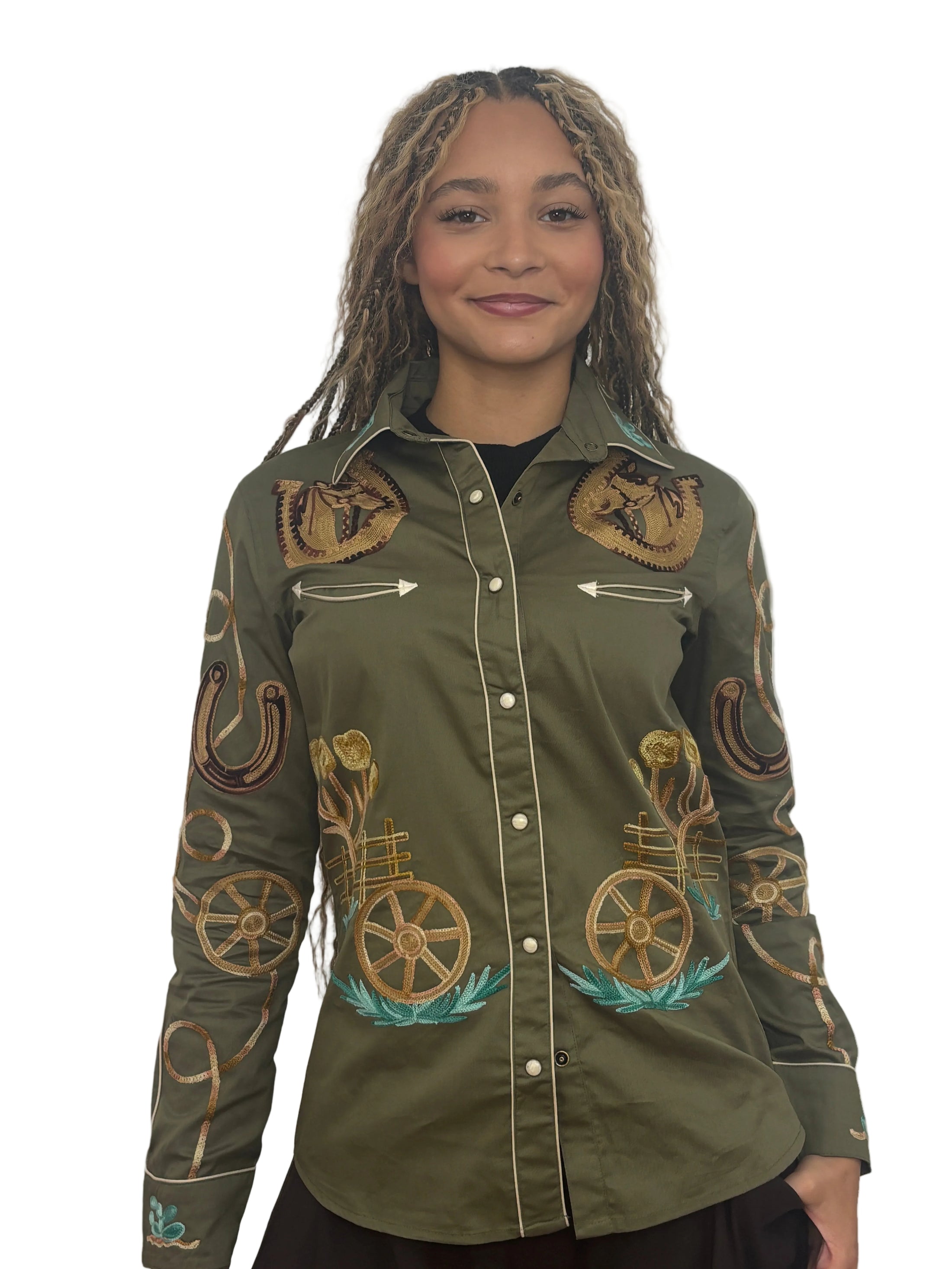 Cotton Western Embroidered Shirt - Olive