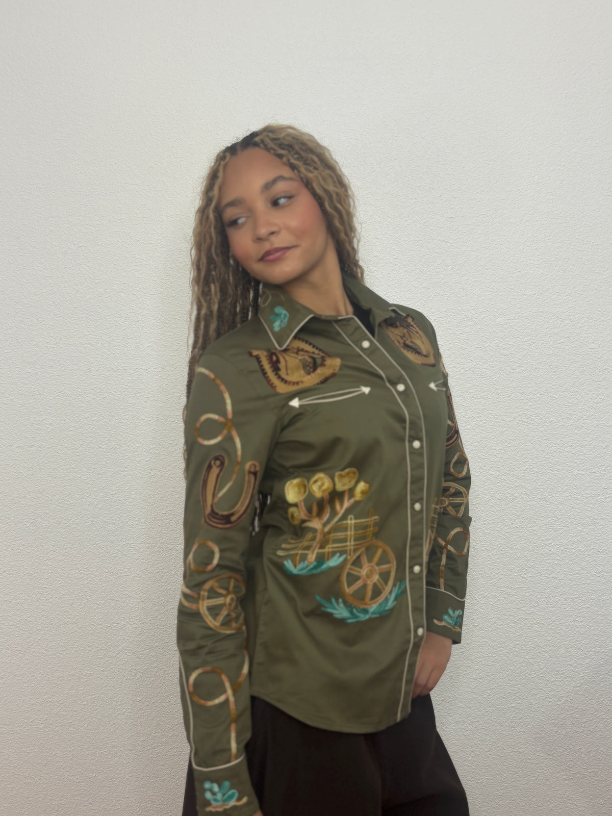 Cotton Western Embroidered Shirt - Olive