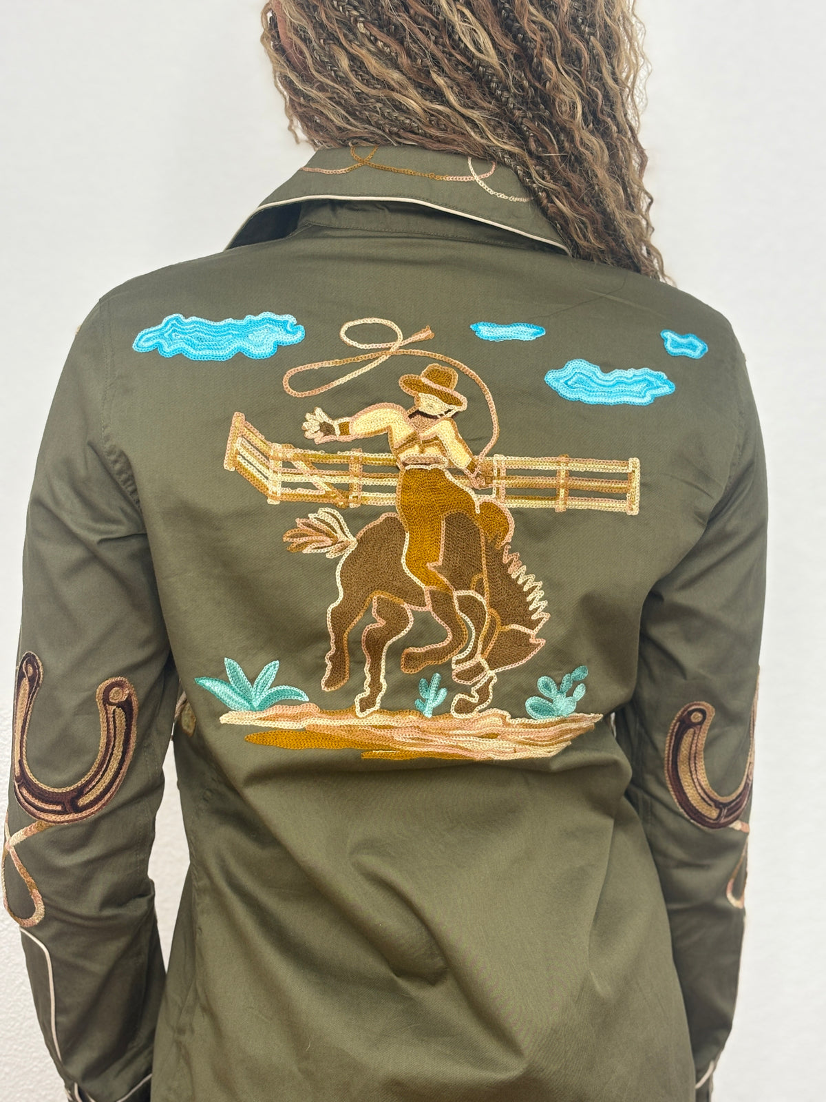 Cotton Western Embroidered Shirt - Olive