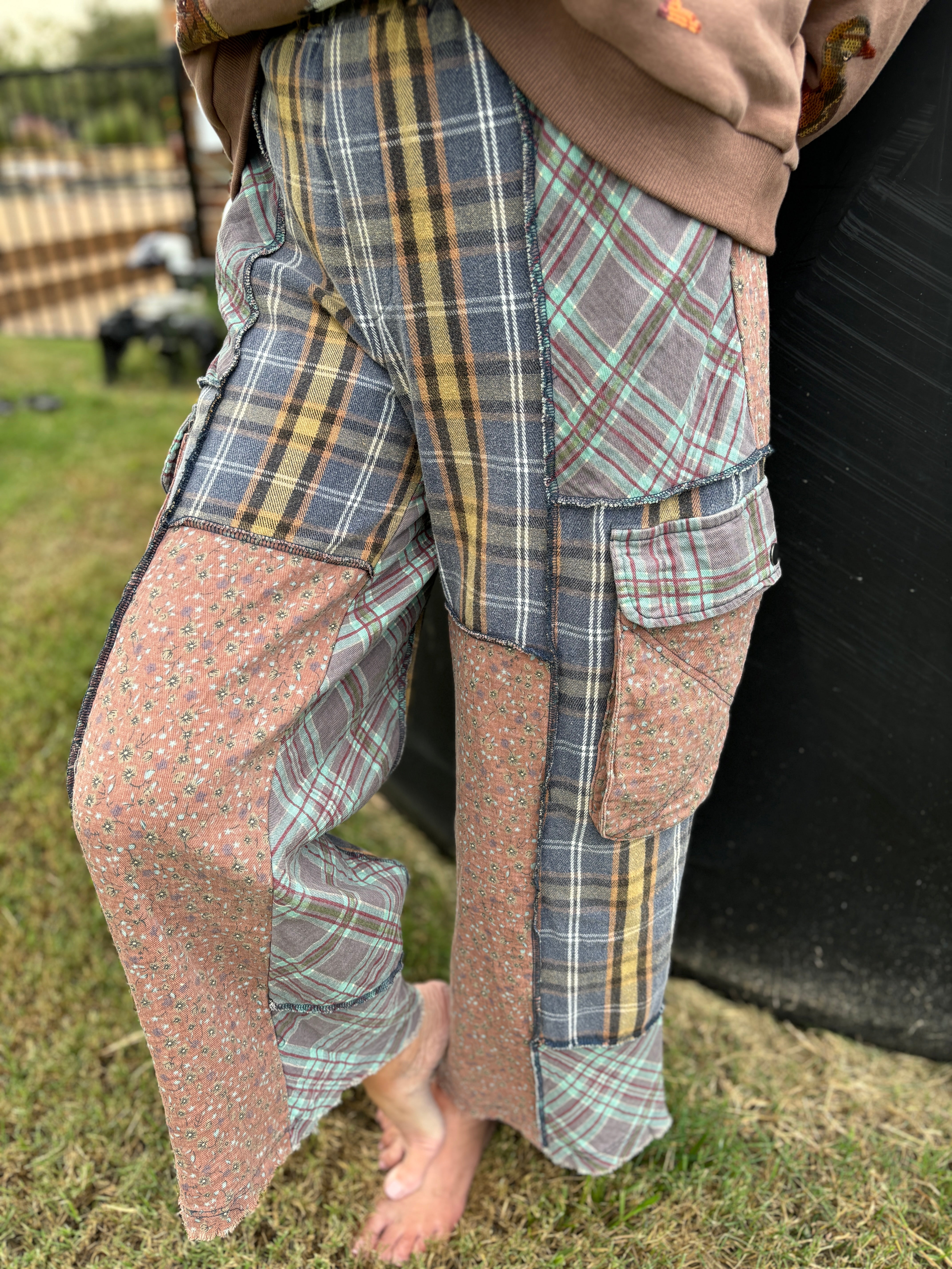 Mixed Plaid Wide-Leg Pants
