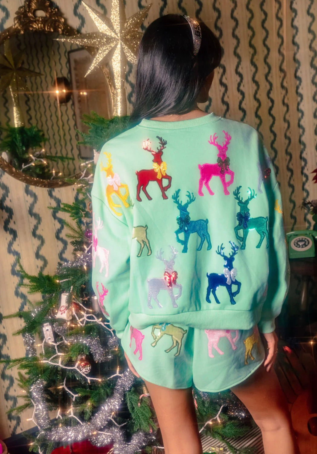 Queen of Sparkles Mint Green Sweatshirt with velvet Reindeers & Bows