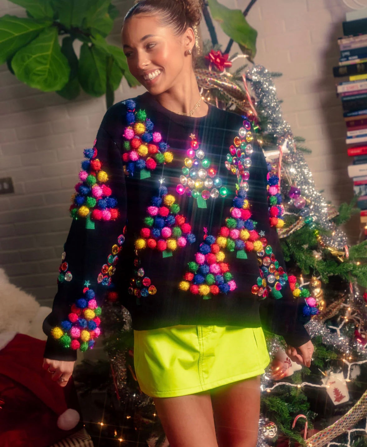 Queen of Sparkles Multi Pom Pom & Jeweled Christmas Trees Sweater