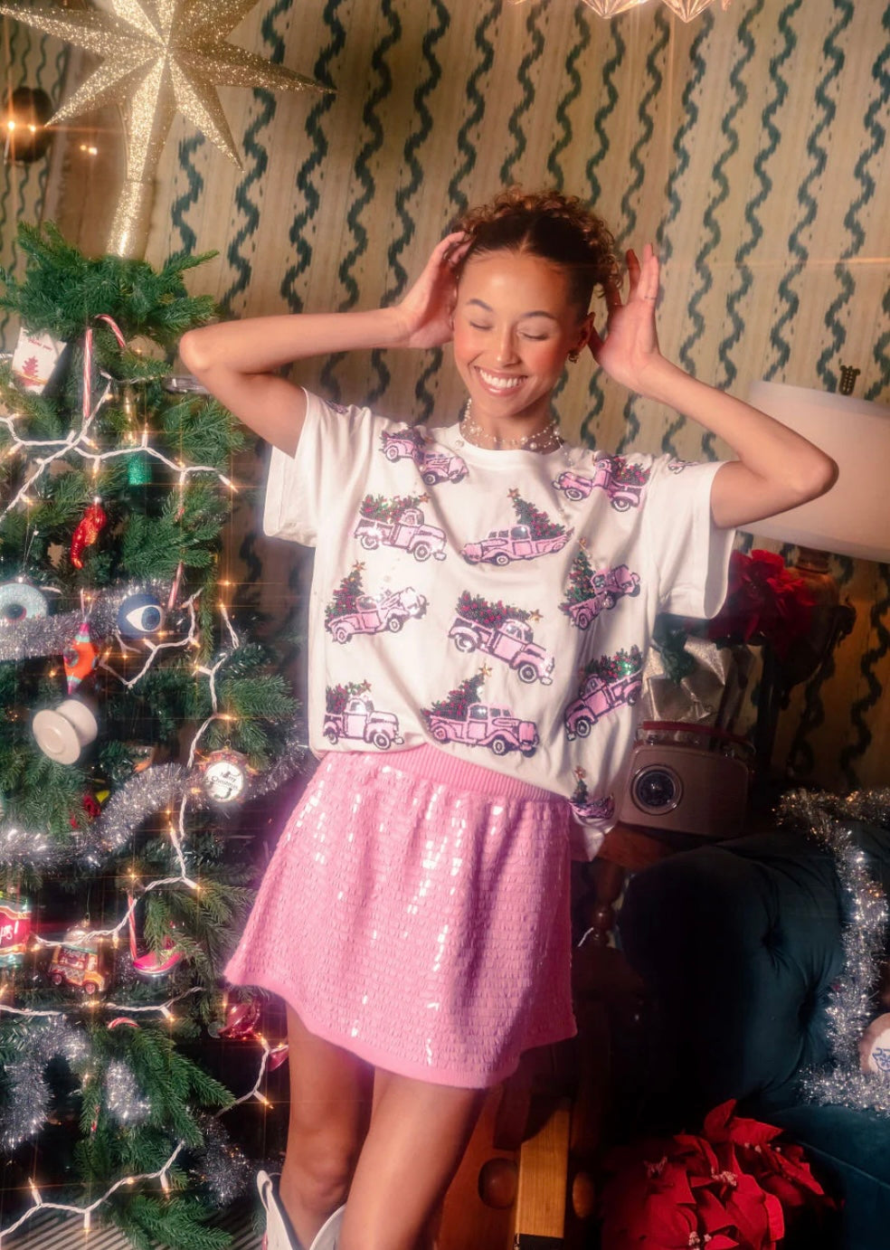 Queen of Sparkles White Truck with Christmas Tree Tee