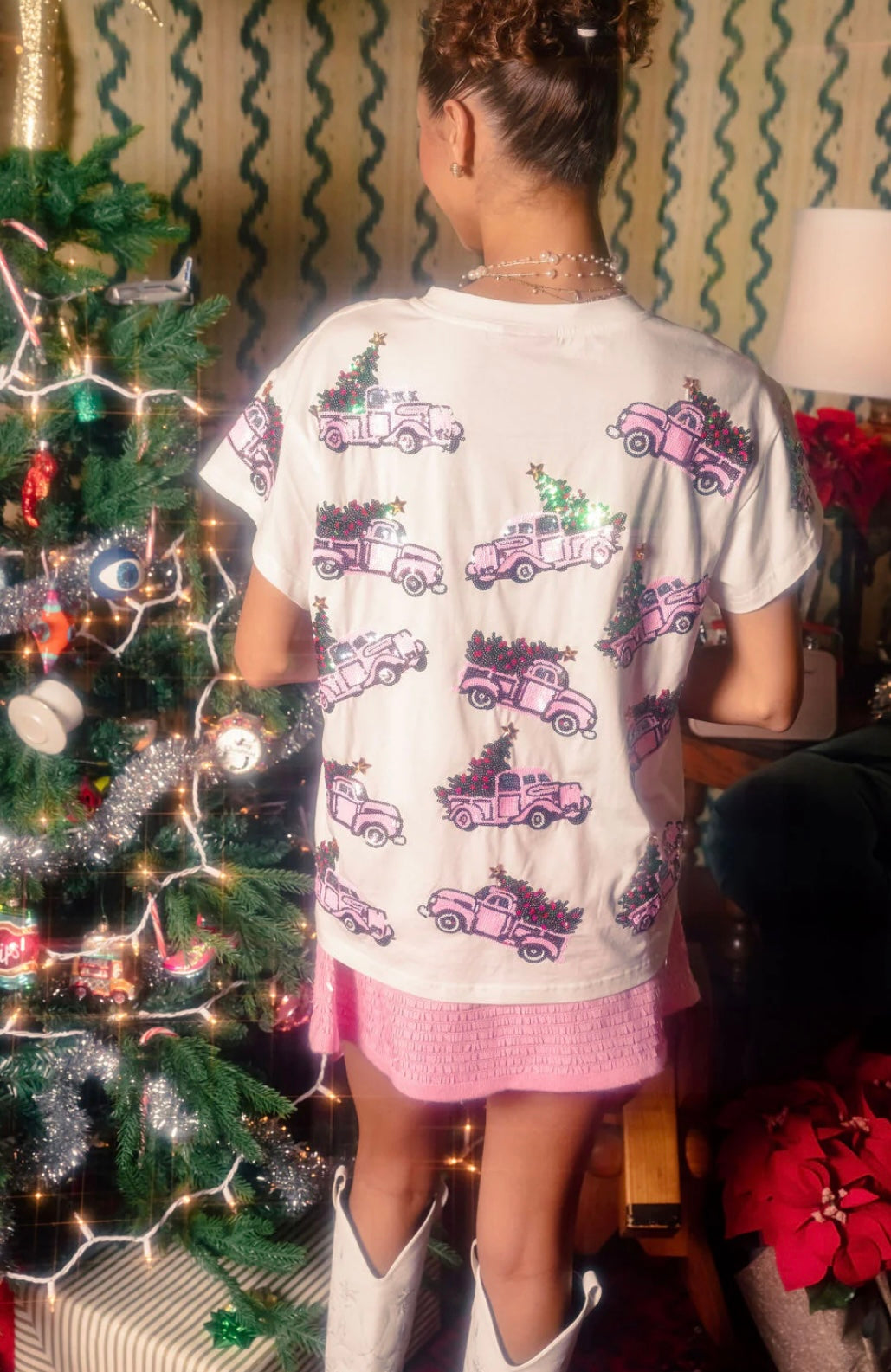 Queen of Sparkles White Truck with Christmas Tree Tee