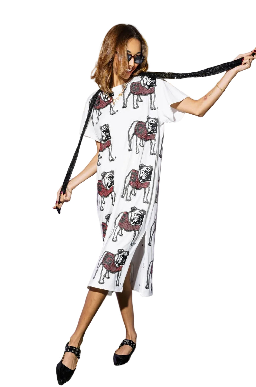 Queen of Sparkles Licensed White Sequin Bulldog Head Midi Tee Dress