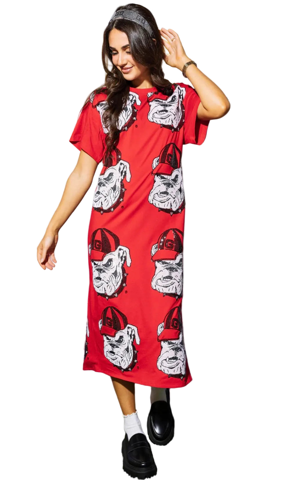 Queen of Sparkles Licensed Red Sequin Bulldog Head Midi Tee Dress