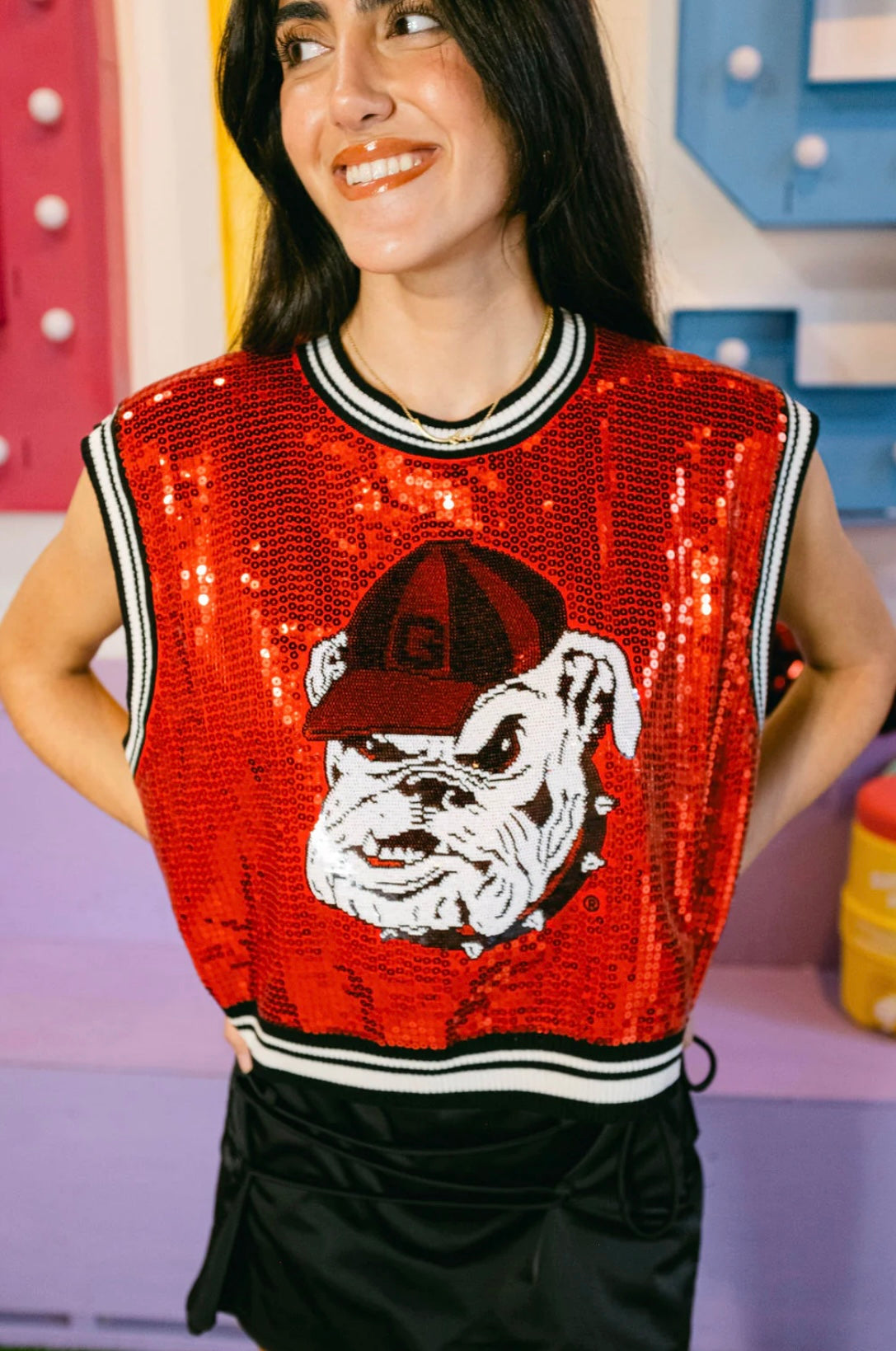 Queen of Sparkles Licensed Red Full Sequin Sweater Tank with Bulldog Head